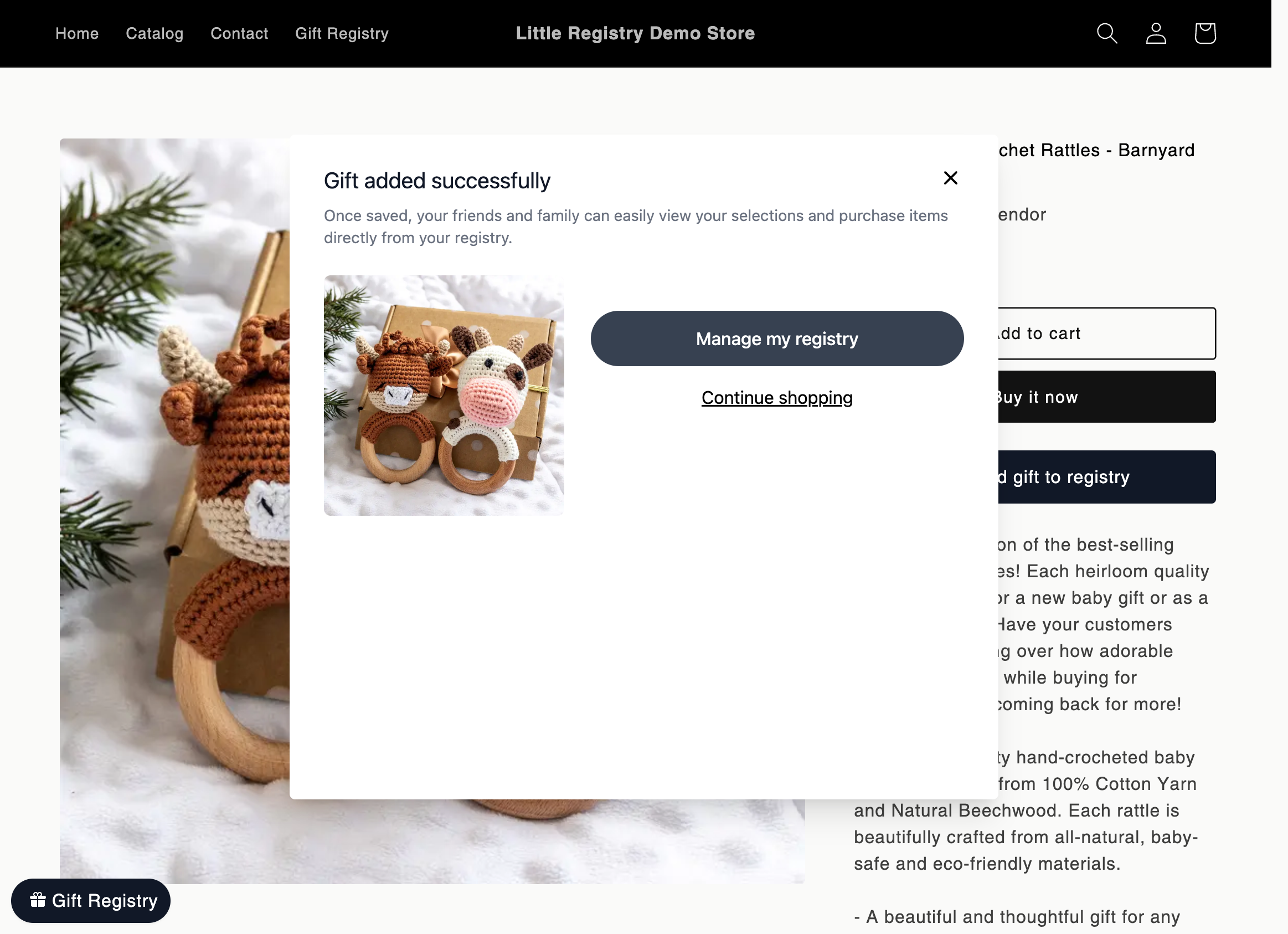 Clicking on "Manage my registry" will bring user to the gift management widget.