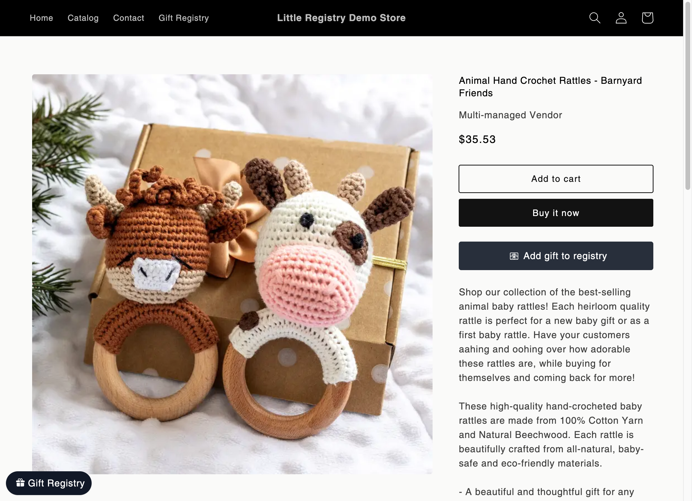 To add a gift to registry, users will click the "Add to registry" button. The button text and color can be customized to fit your branding.
