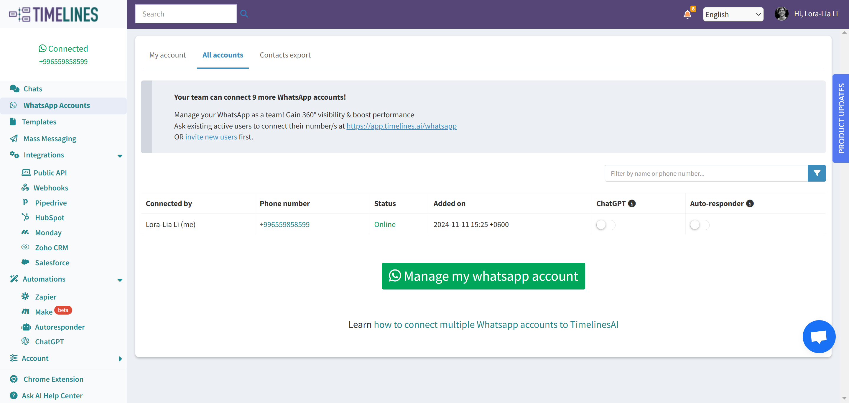 Ensure that you have connected at least one WhatsApp number to TimelinesAI.  

All set? Great!
Let’s get started!