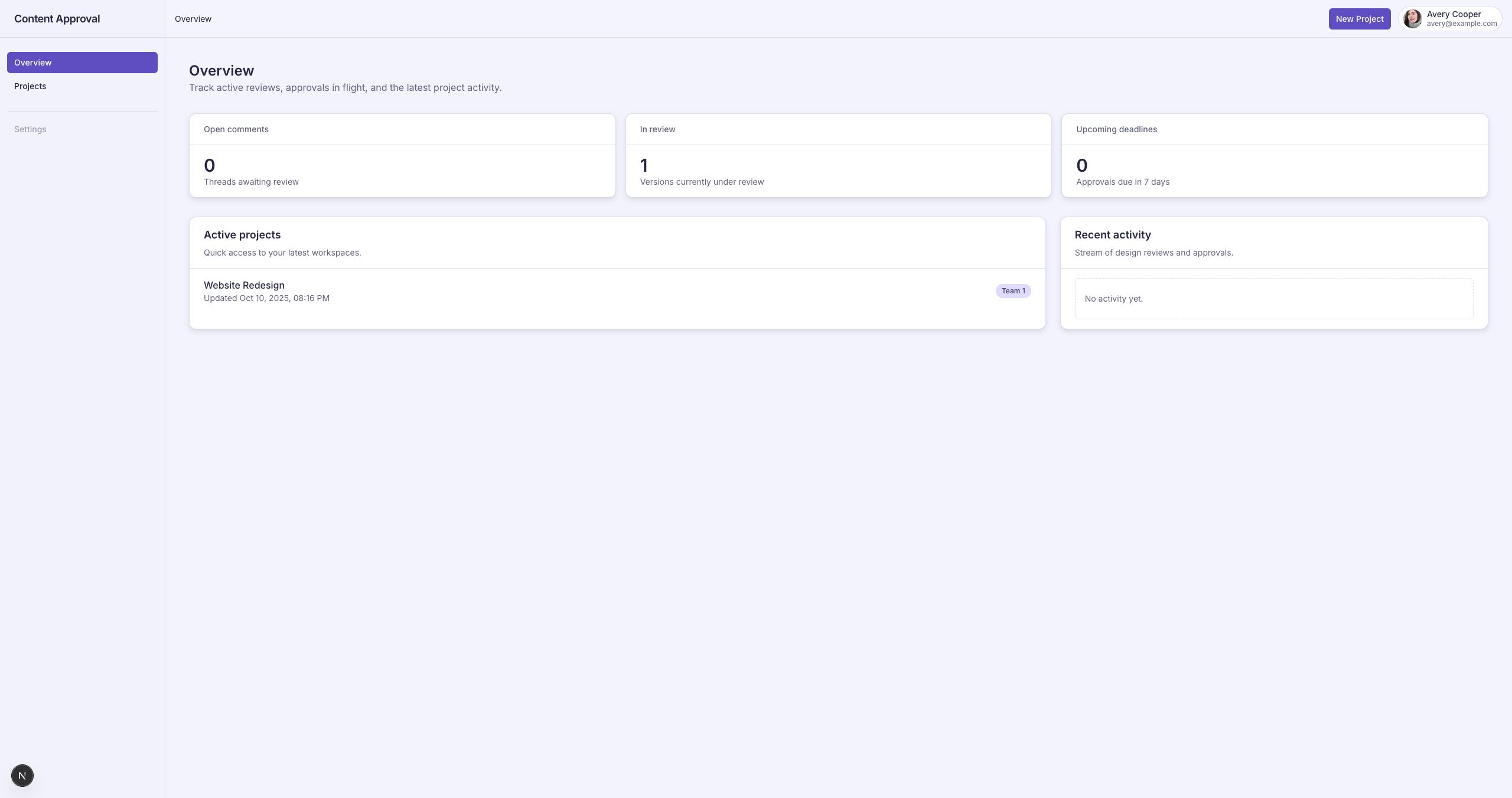 Click the Website Redesign project under Active Projects to get started.