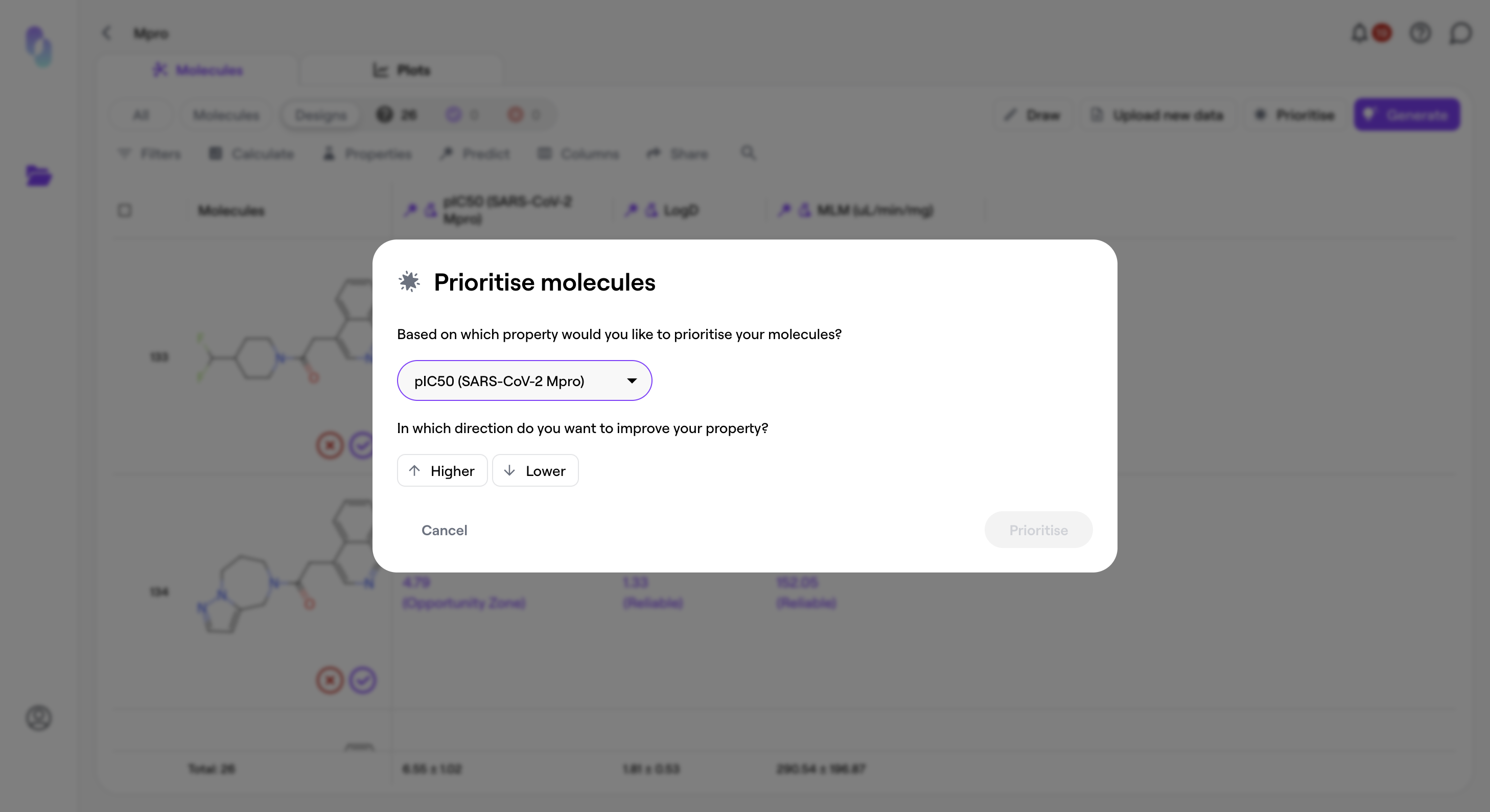 Choose to prioritise molecules with *higher* activity.