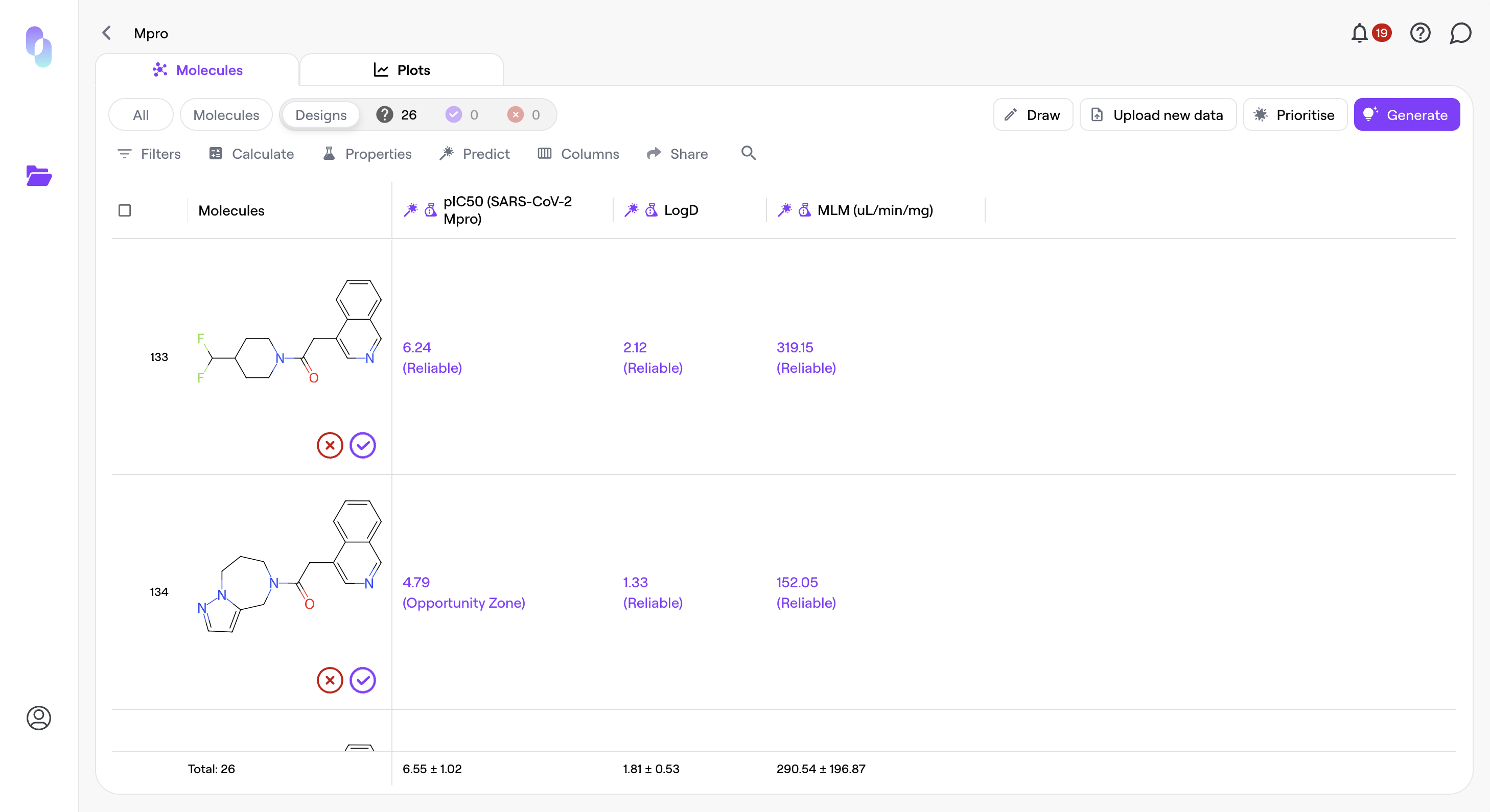 Click the Prioritise button to start ranking your molecular designs by property improvements.