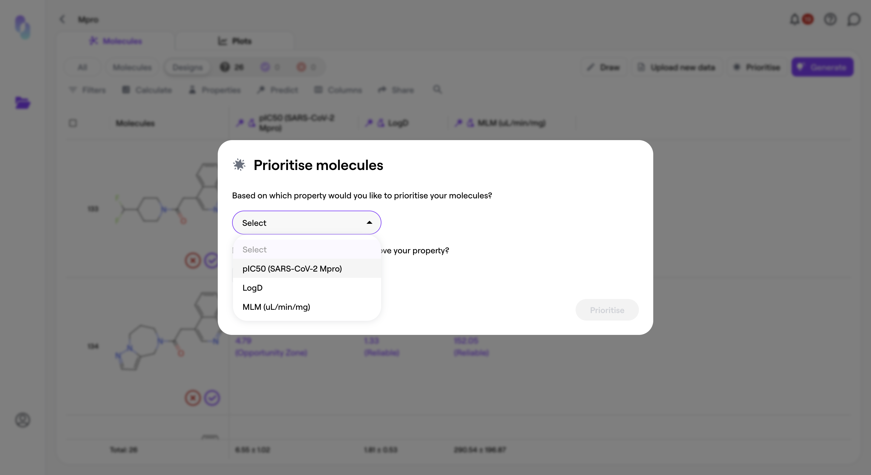 Select a property to focus on for prioritisation, such as pIC50, LogD, or MLM.