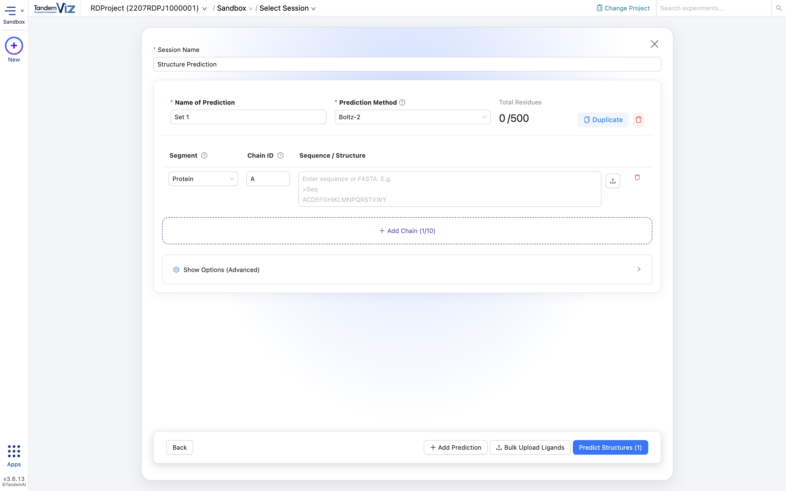Automatically fill in the form using a FASTA file by using the upload icon. All chains will be automatically extracted.
