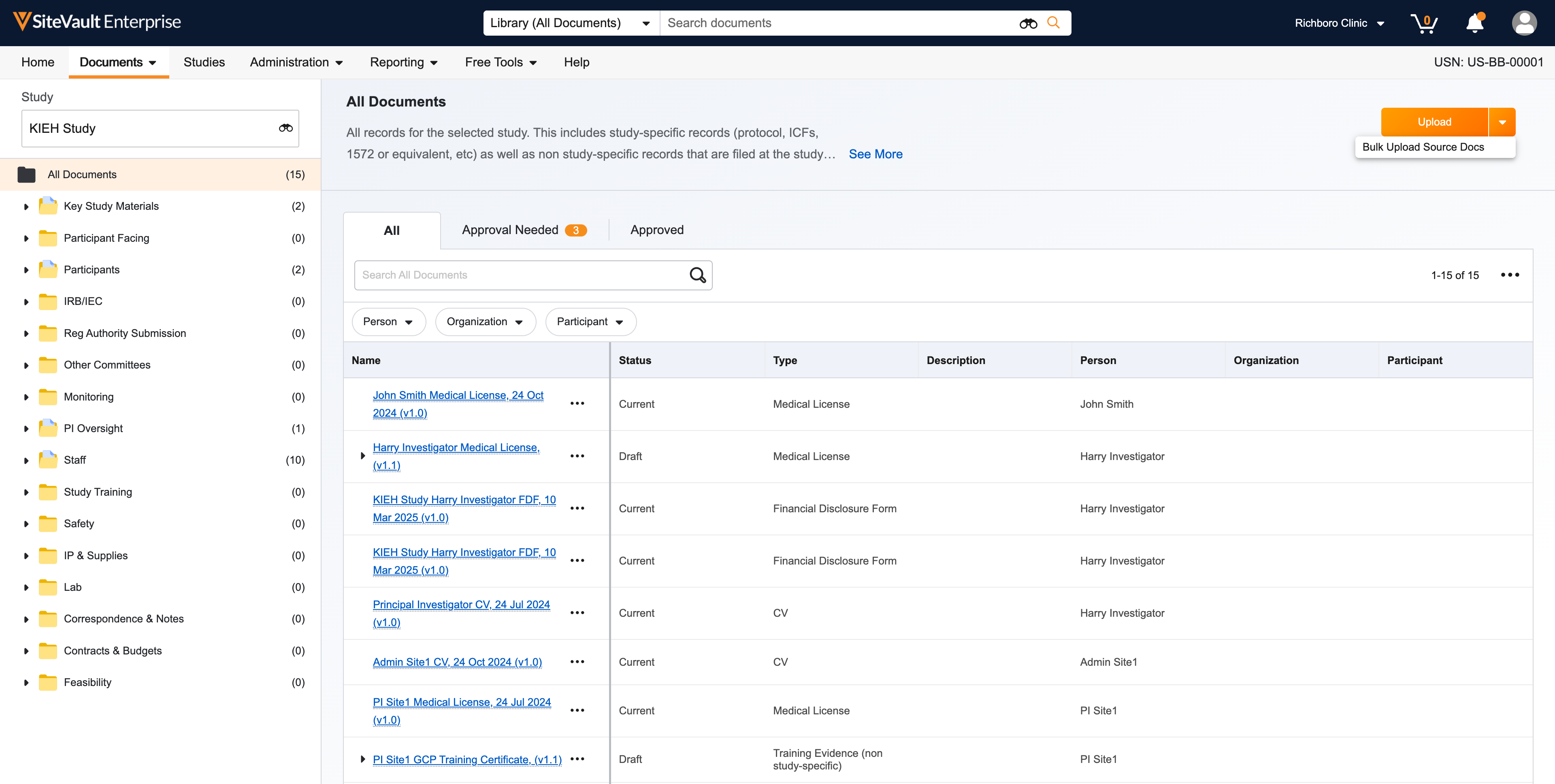 From the **Study eBinder** select **Bulk Upload Source Docs** from the **Upload** dropdown