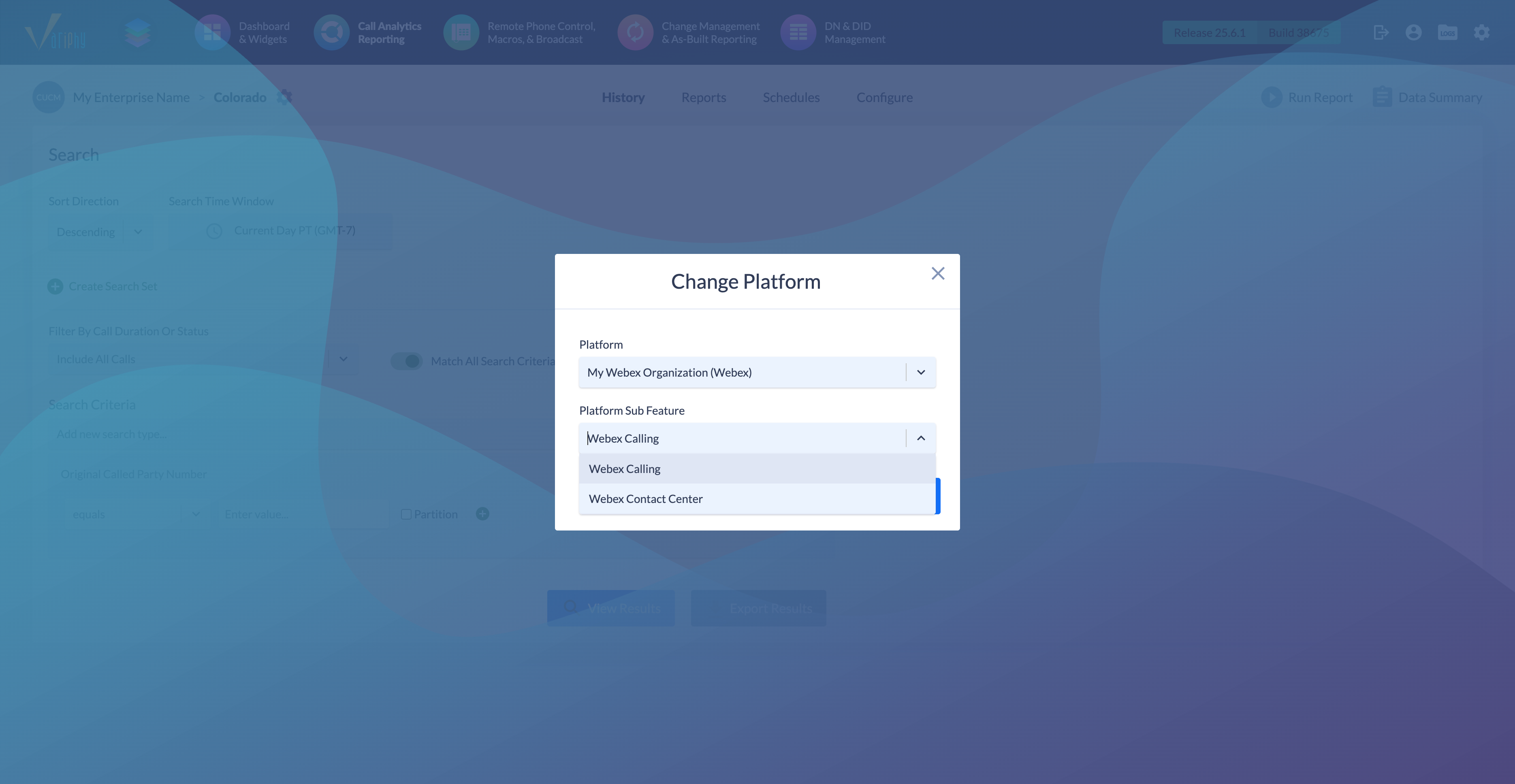 Want to check out **Webex Contact Center Reporting**? Just select it from the Platform Sub Feature menu.
