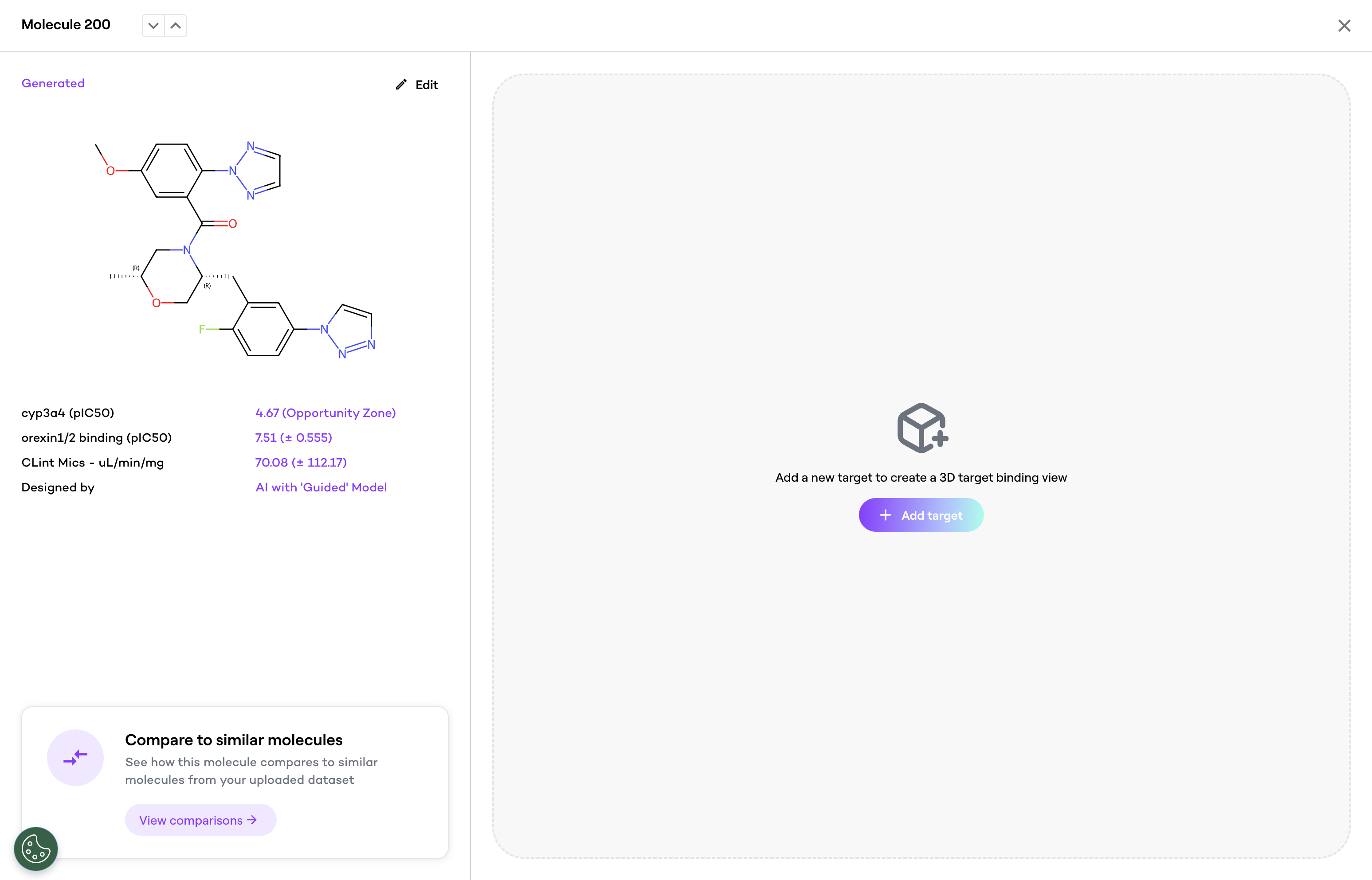 Click the Add target button to start creating a 3D binding view of the molecule with a protein target.