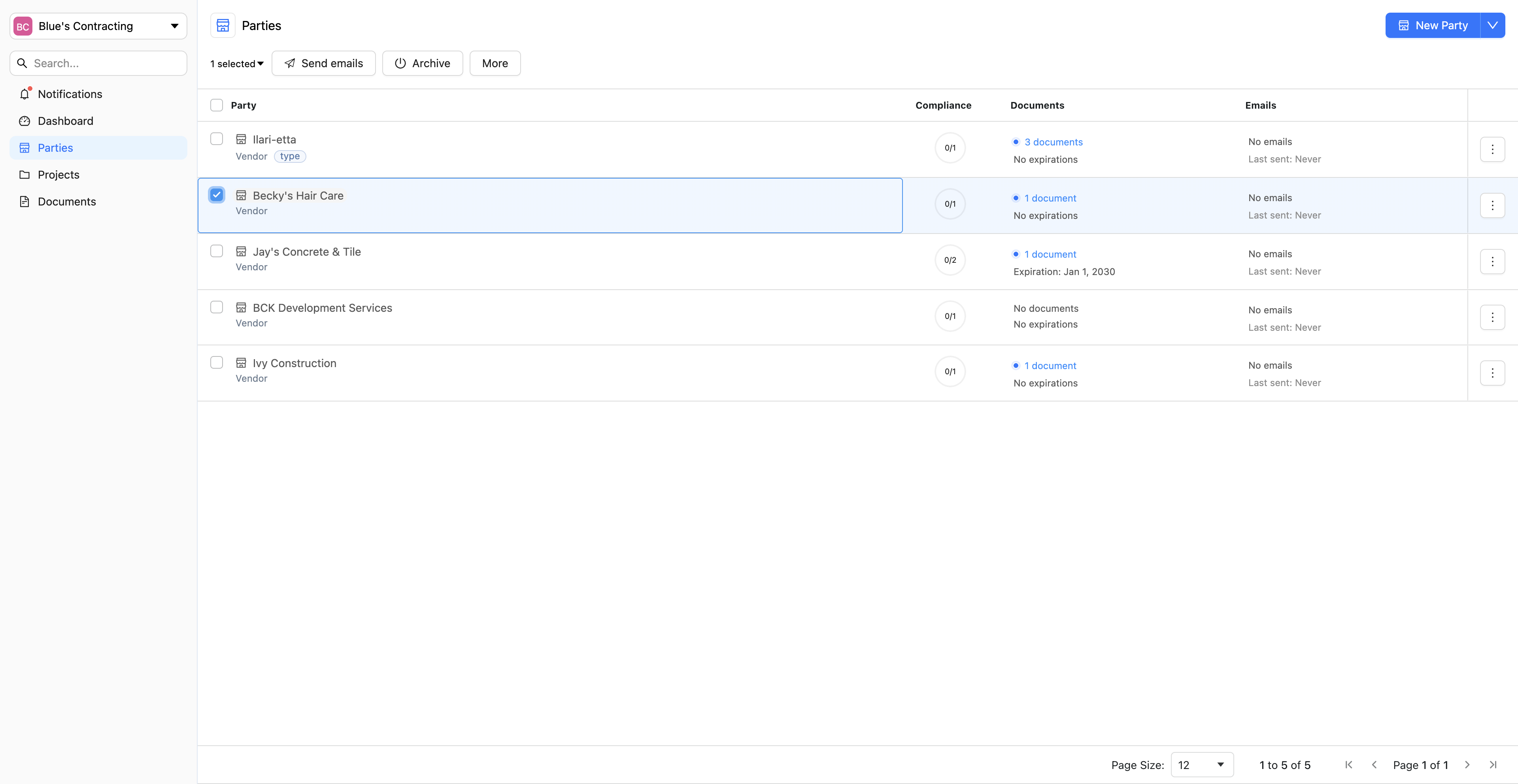 Then, click on the **Party name** you’d like to create the **Request(s)** to enter the **Party Profile** page.