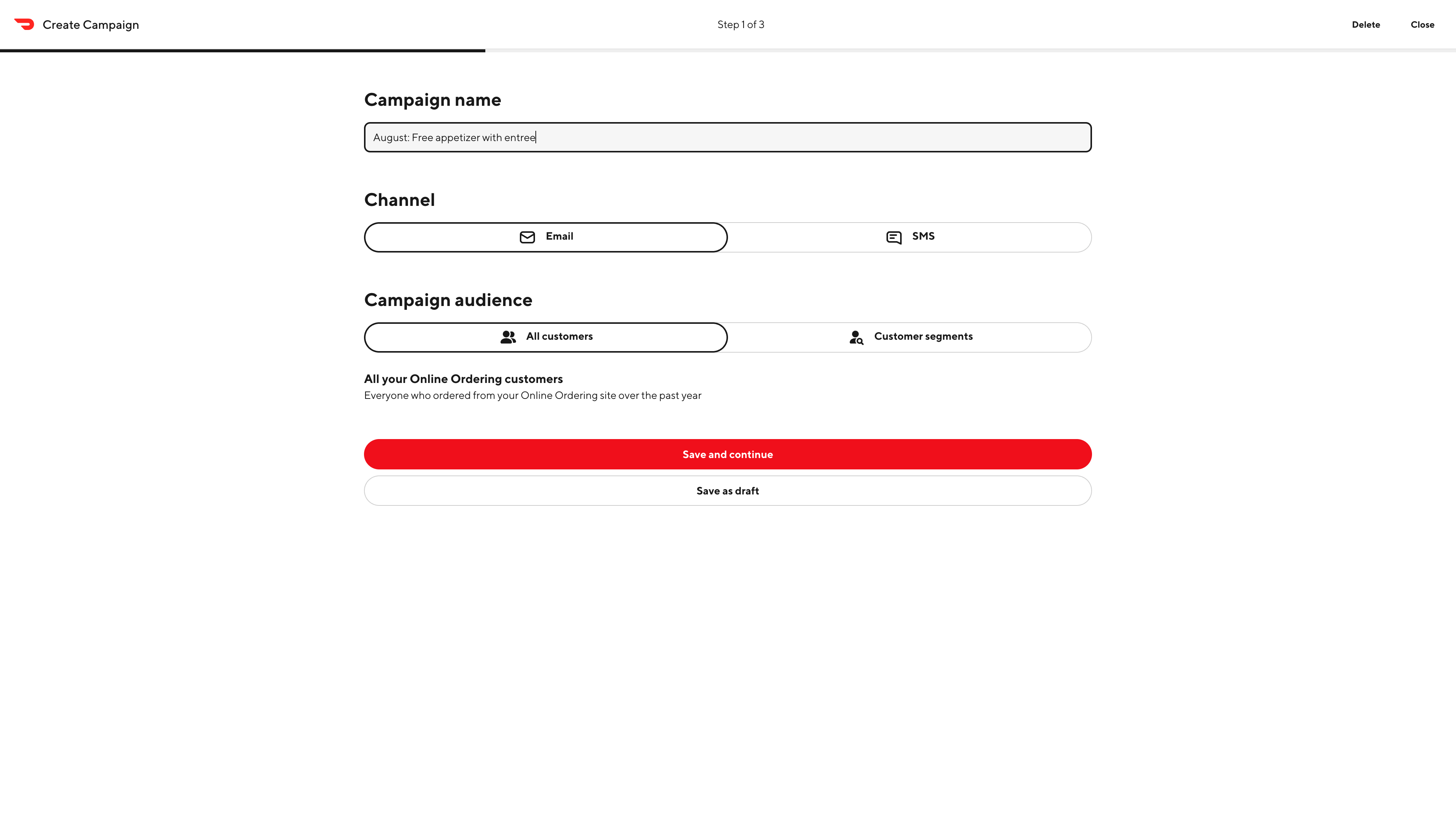 First name your campaign then choose whether it's an email or SMS.