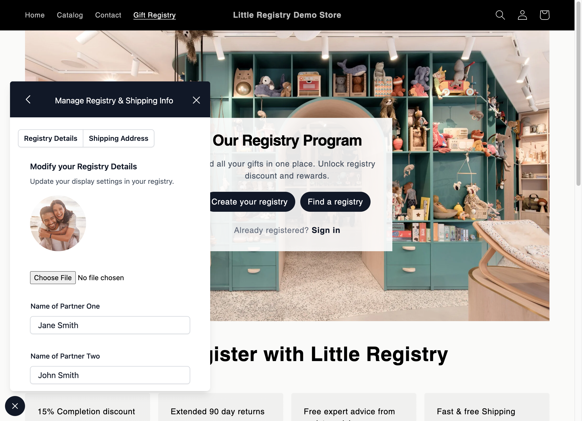 Users can modify registry details such as names, photo, greeting messages and event dates.