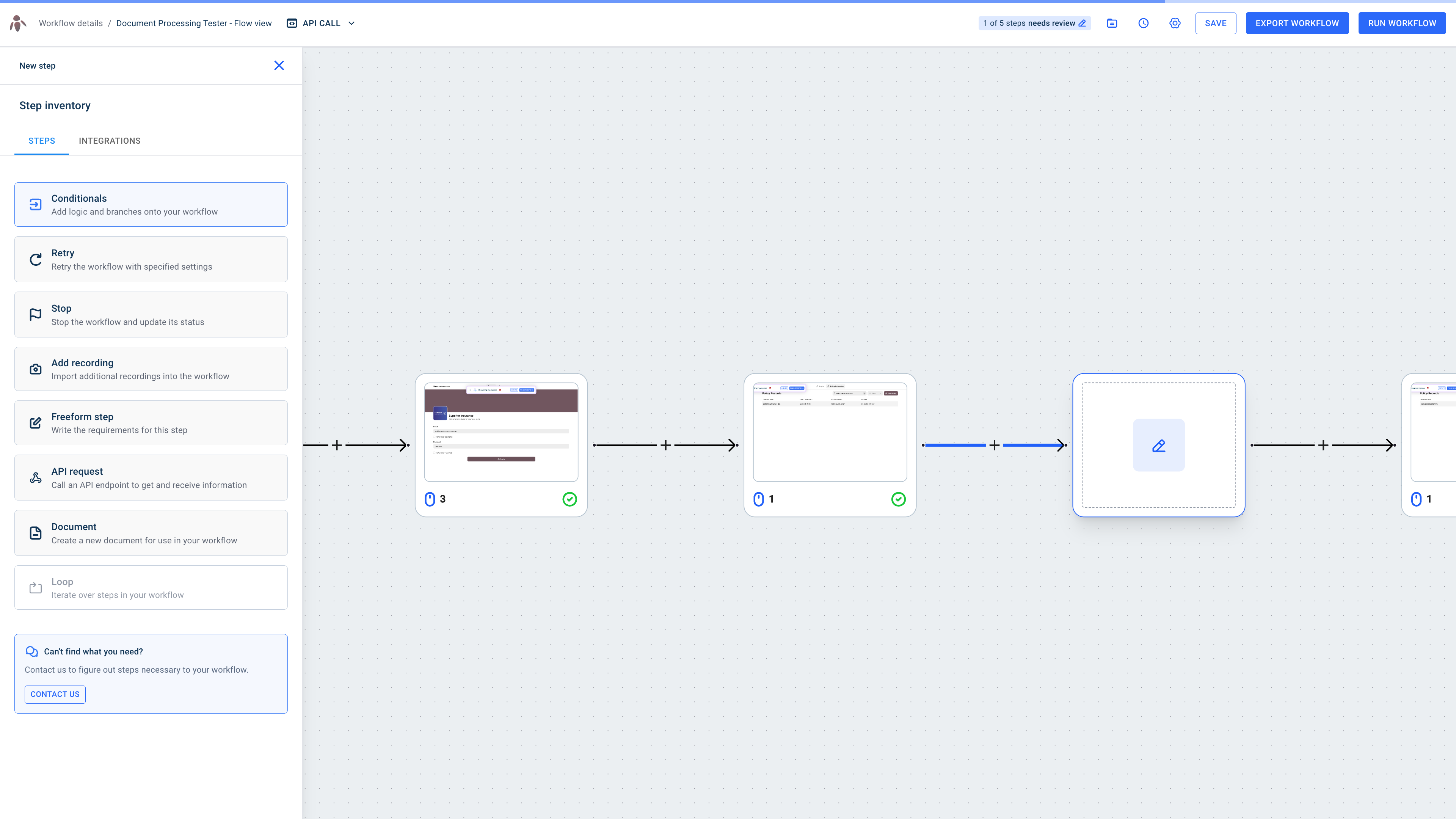 Select 'Conditionals' to add conditional logic into the workflow