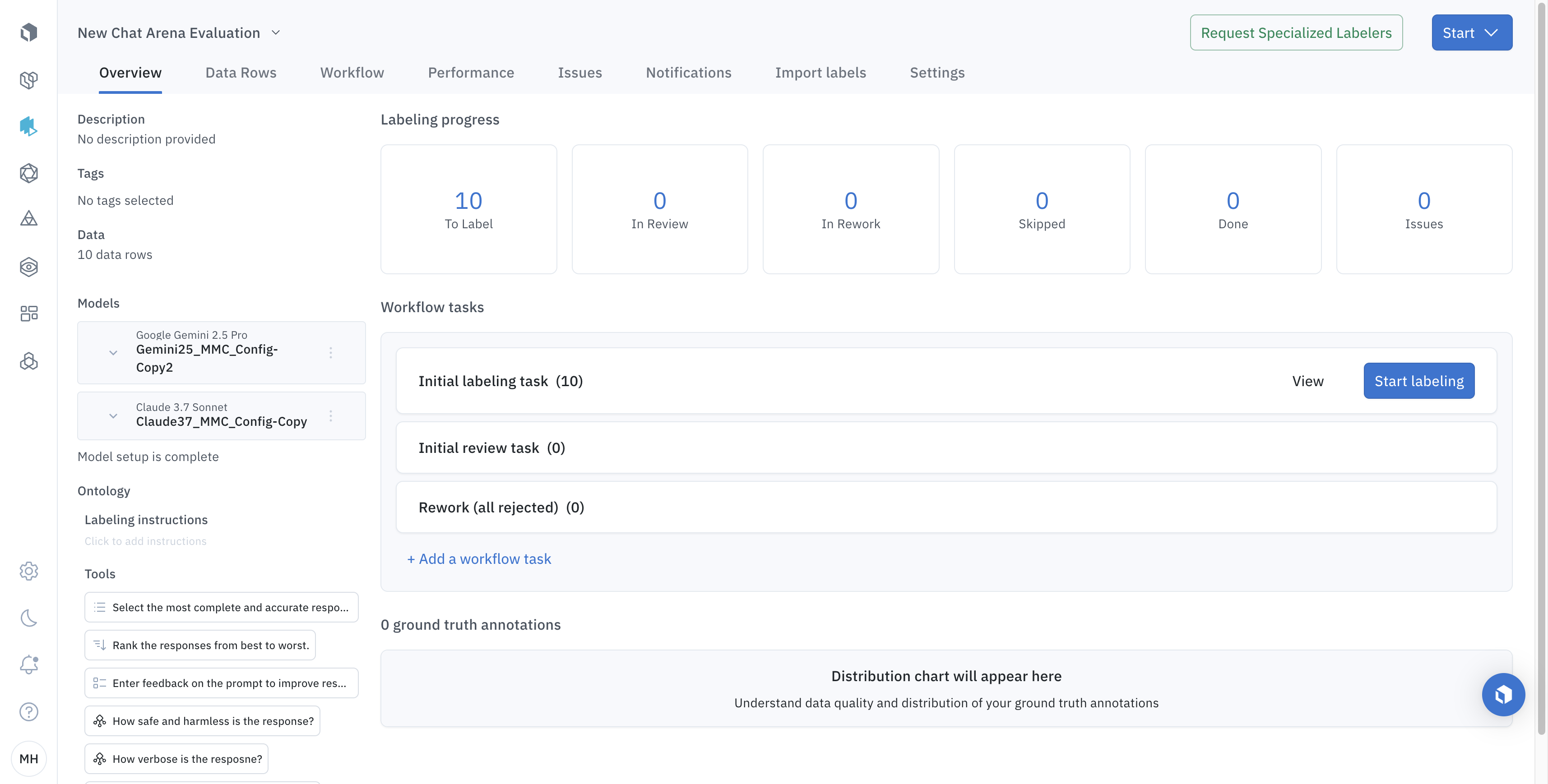 We start with a multimodal chat project. During the setup, we previously selected two frontier models to compare. 

Pre-loaded models include Gemini 2.5 Pro, Claude 3.7, Grok 3, OpenAI o3, and more. You can also load a custom model. The tool can compare up to 10 models at once. 