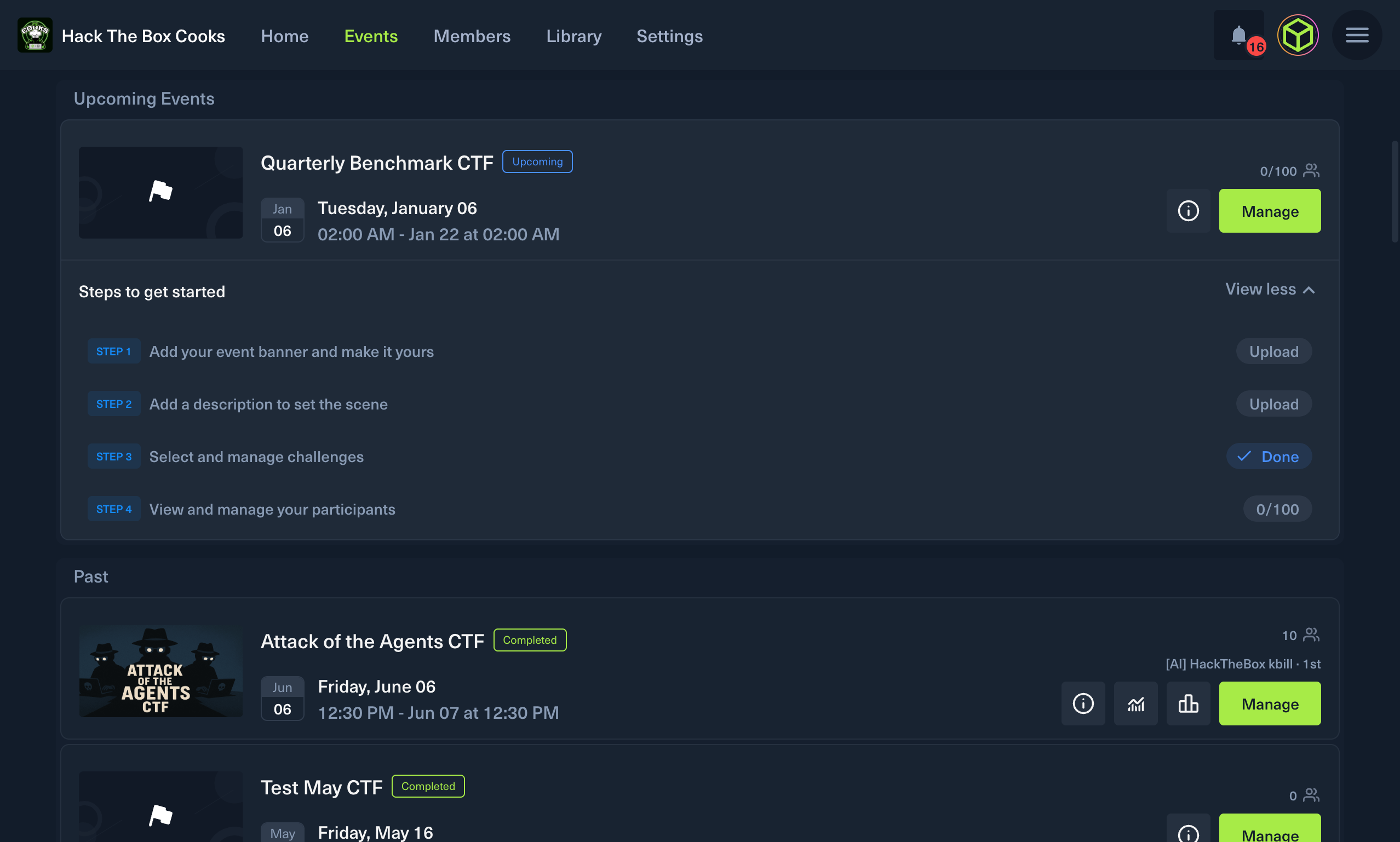 To start editing your event's details and settings click on **Manage**
