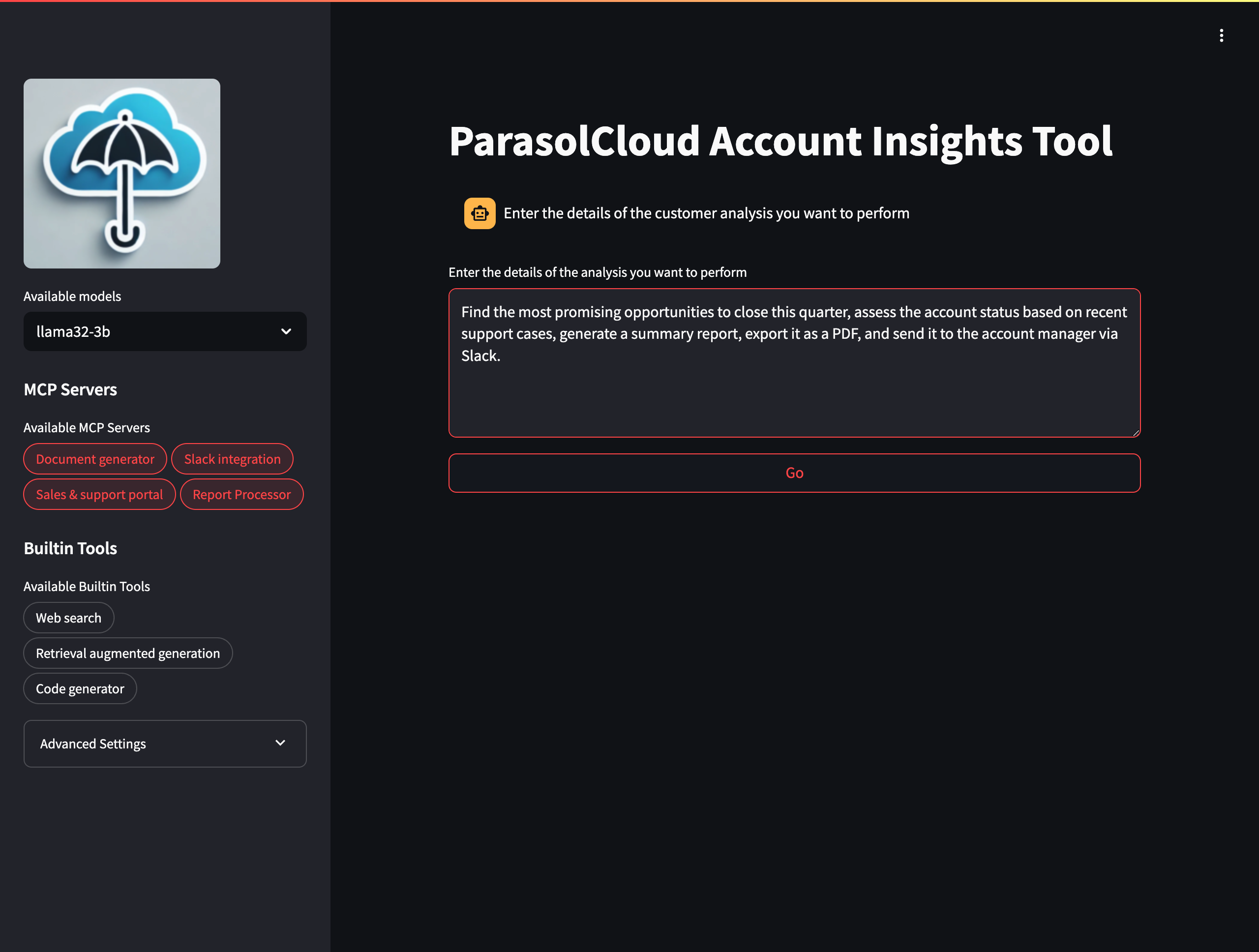 On the left, in the parameters you can choose the model you want to use and the available MCP servers.