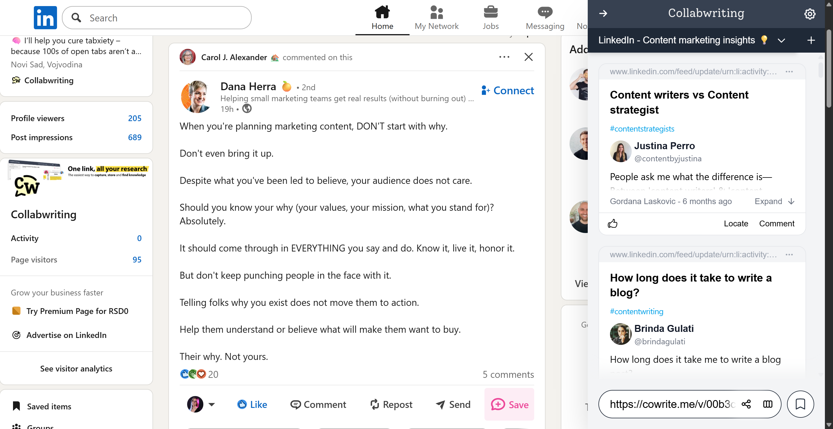Save posts you want to revisit later with the *Save* button