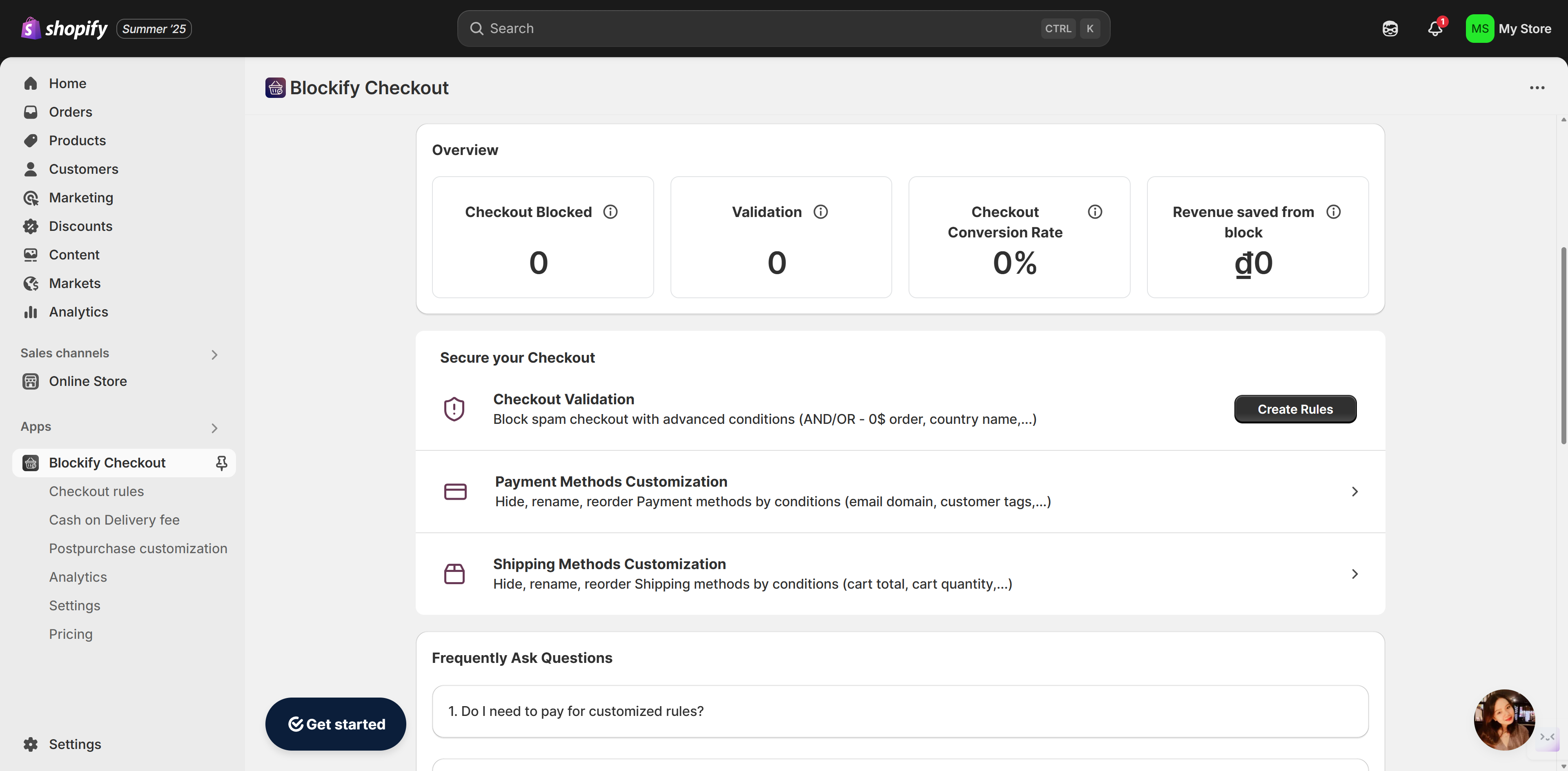 Start by clicking Create Rules to begin customizing your checkout validation.