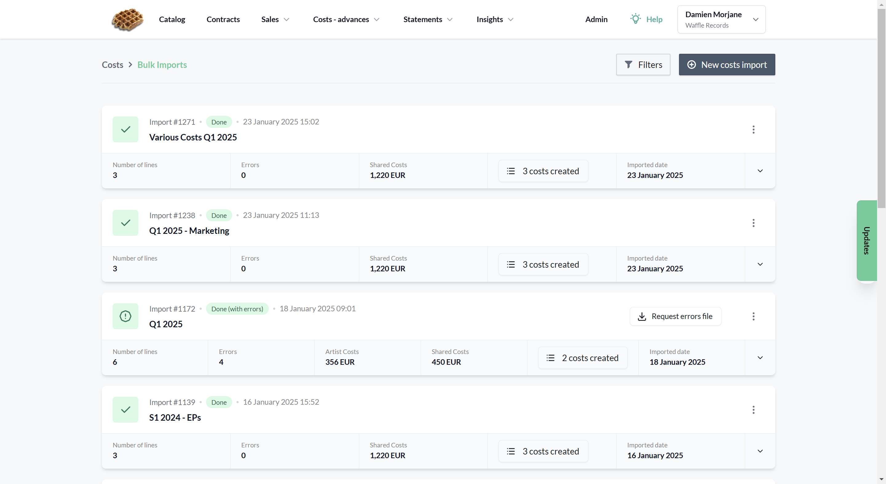 Select 'New costs import' to begin the process.