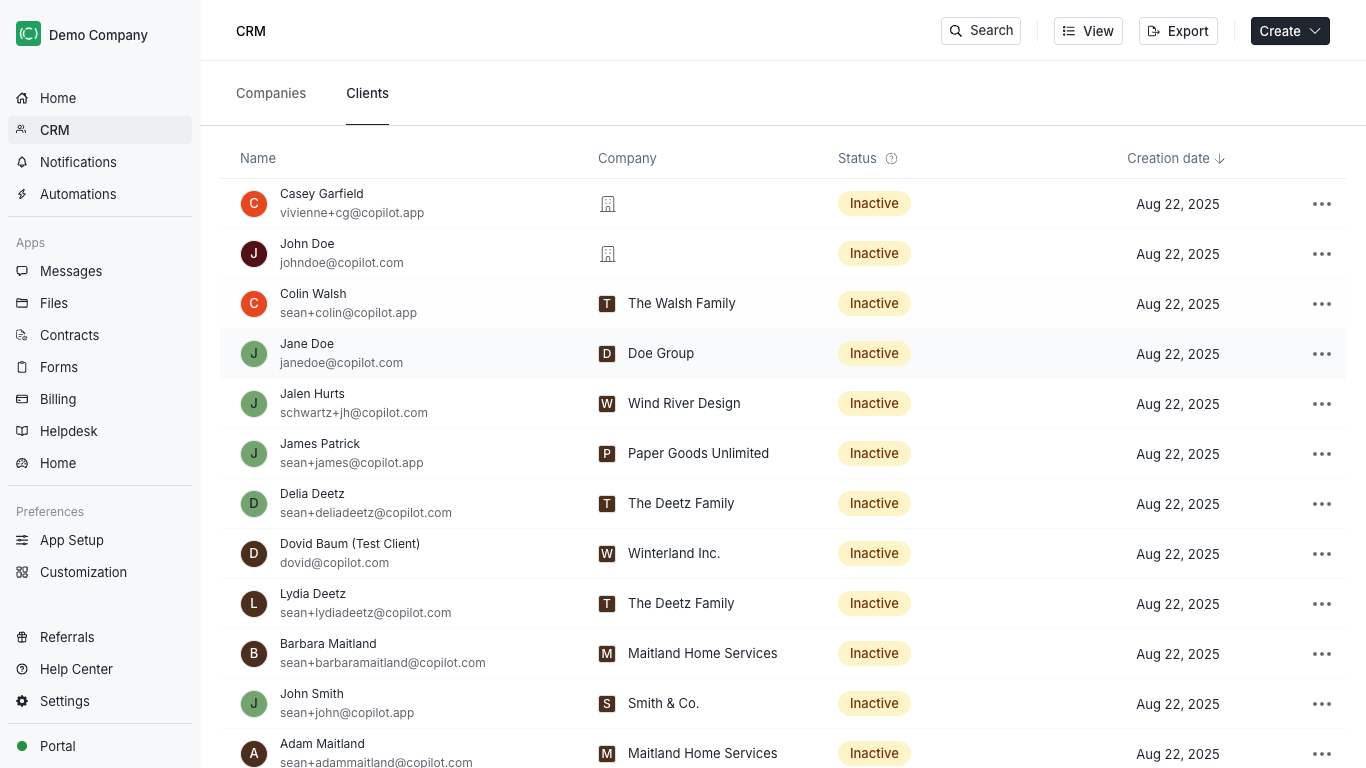 Add companies to existing clients or create new companies in the CRM.