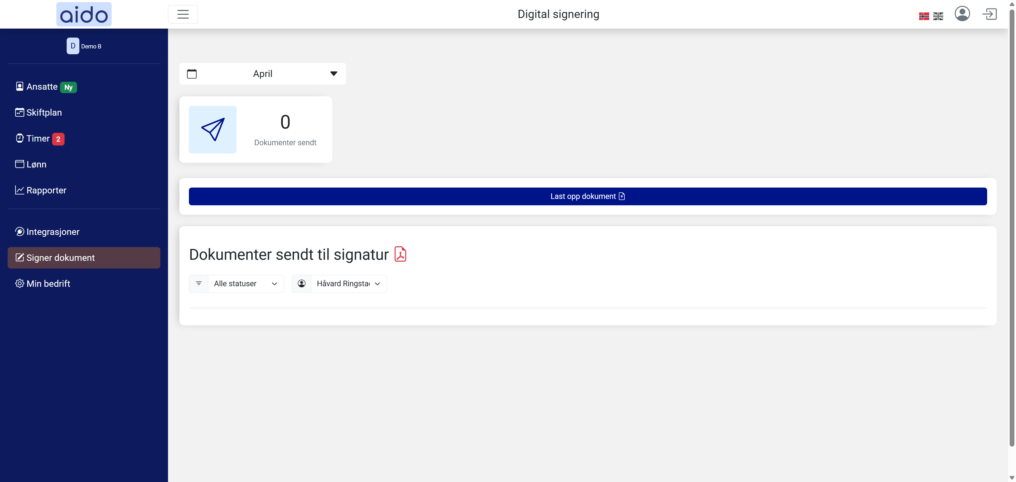 Klikk på Signer dokument for å åpne signering