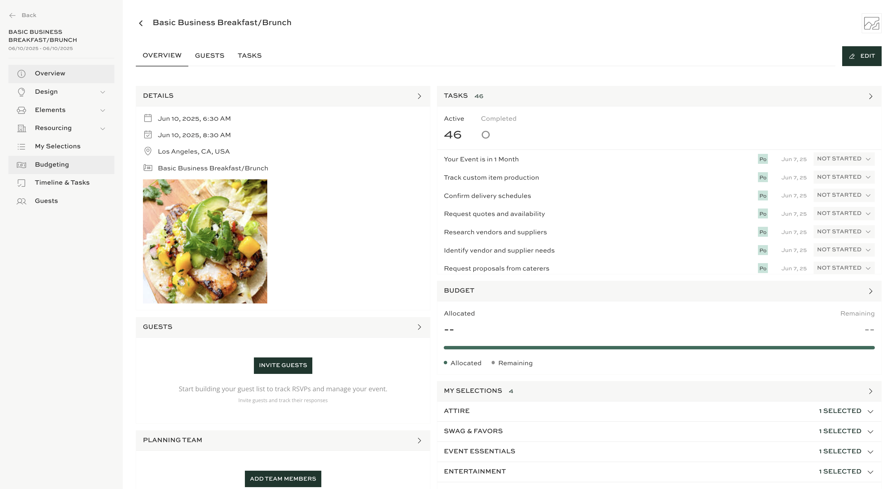 Navigate to **My Selections** to review or manage items chosen for your event.