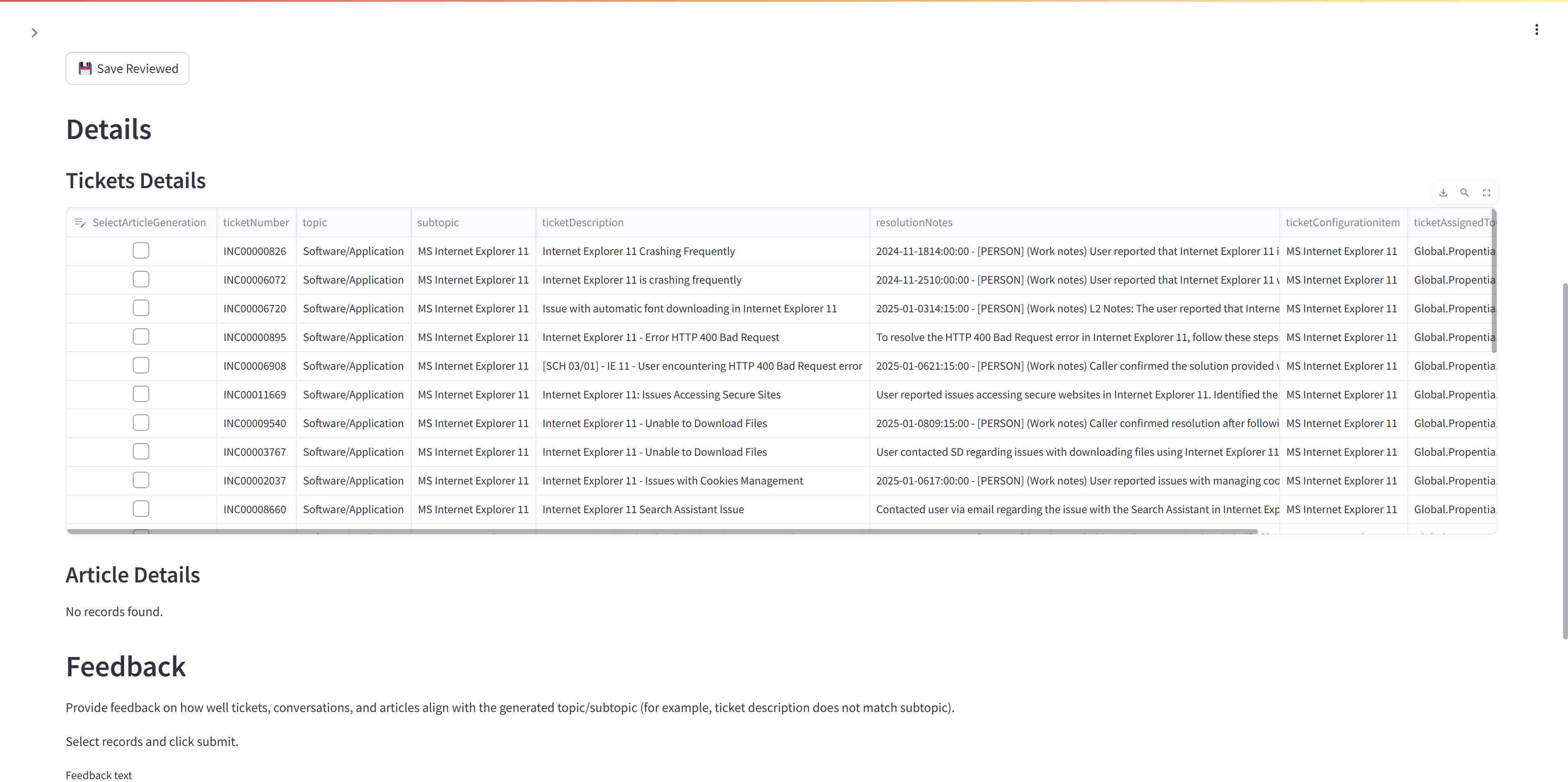 Select the checkbox to choose one or more tickets to generate a new knowledge article from.