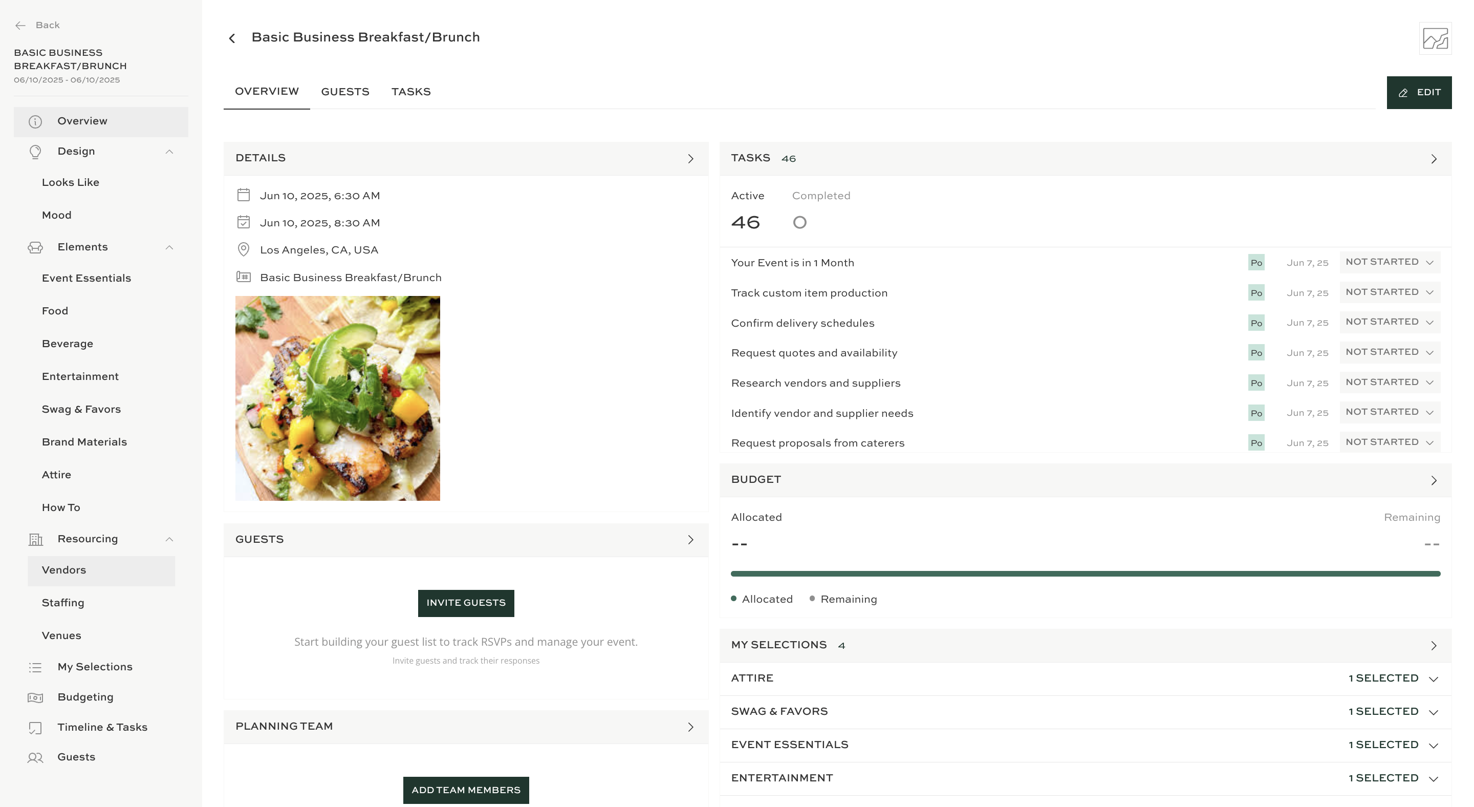 Start by opening the Resourcing section to manage event resources like vendors and venues.