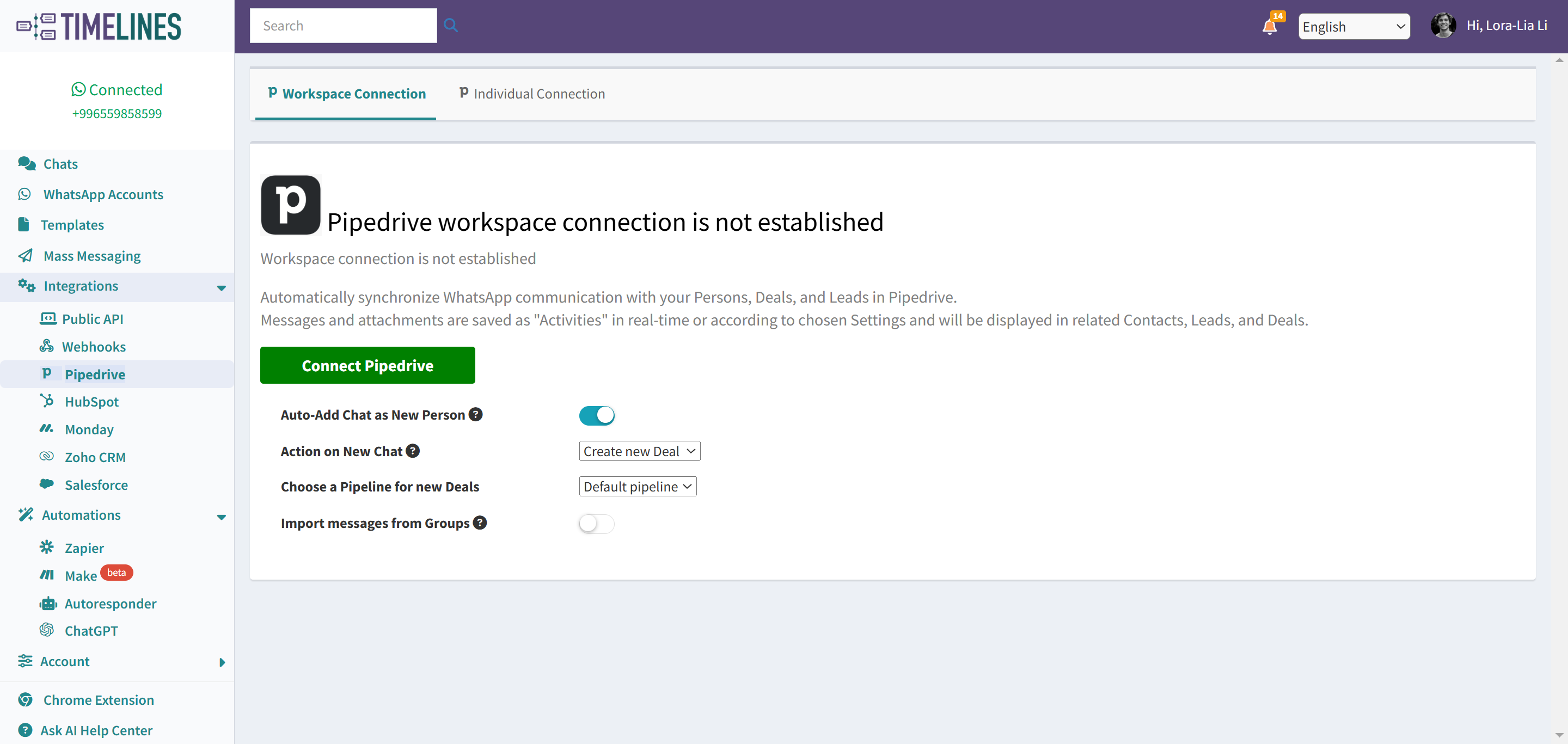 Click  to connect any existing WhatsApp account to your Pipedrive CRM. No WhatsApp API required. 