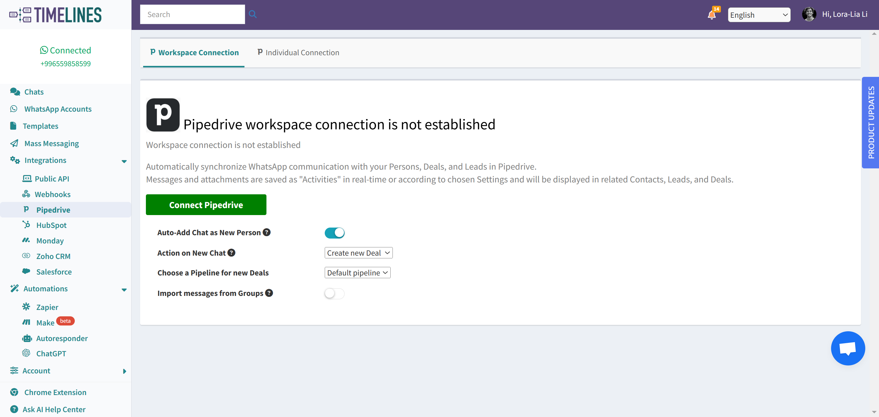 Click to open Pipedrive Integration Settings