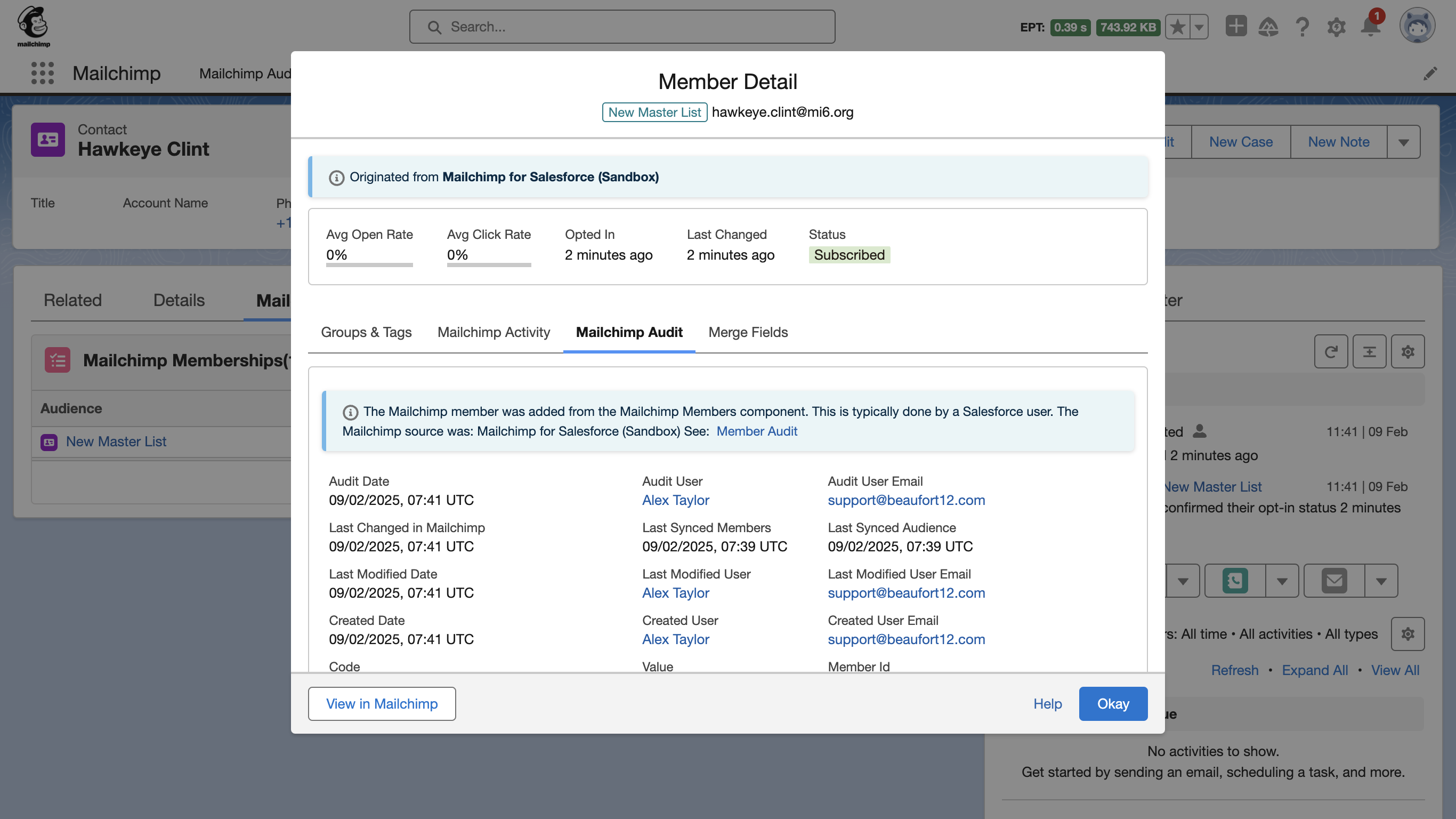 The hint will tell you how the record was added to Mailchimp.  Just below you will see further audit information.