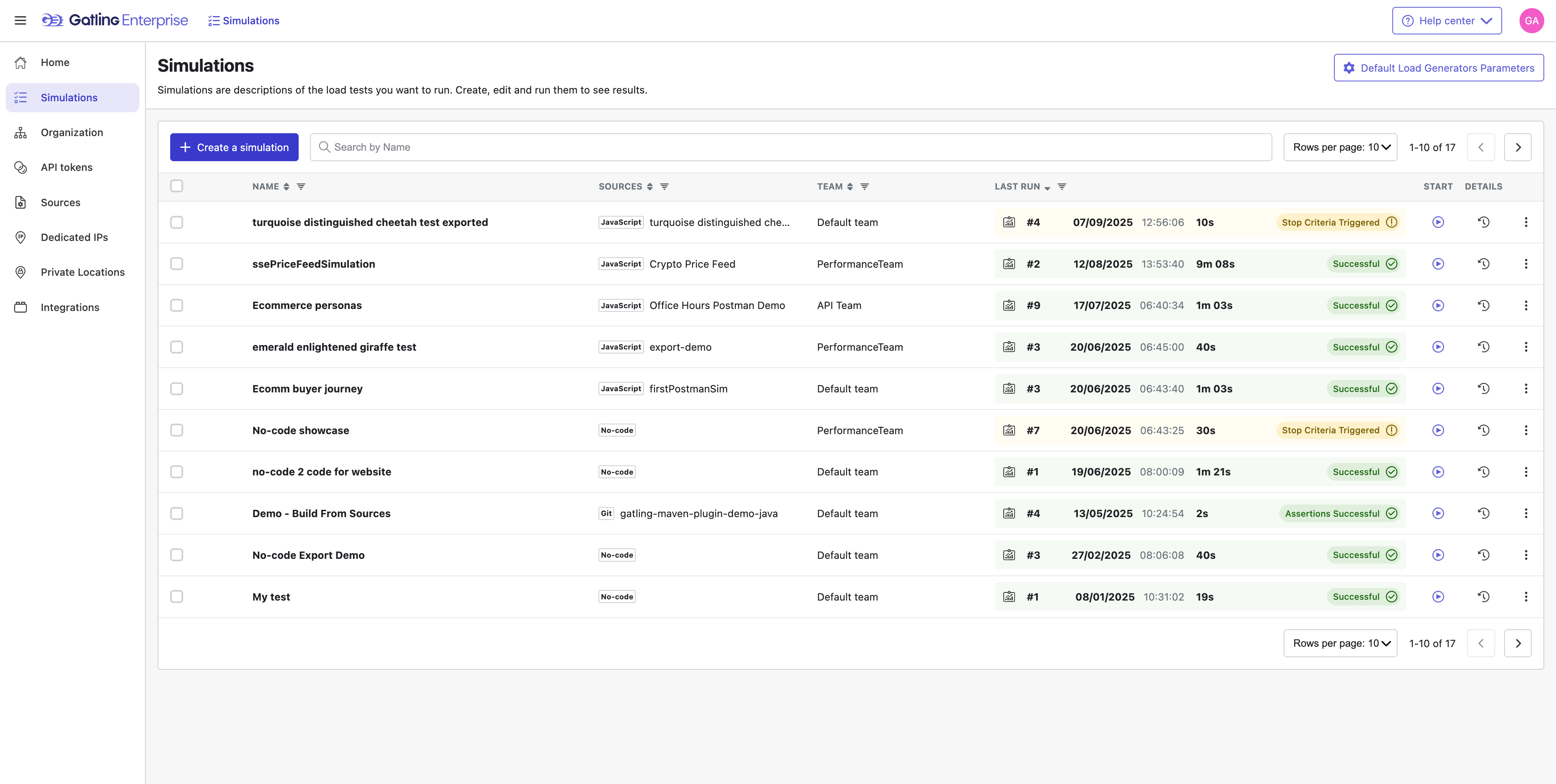Click Create a simulation to launch a new load scenario.