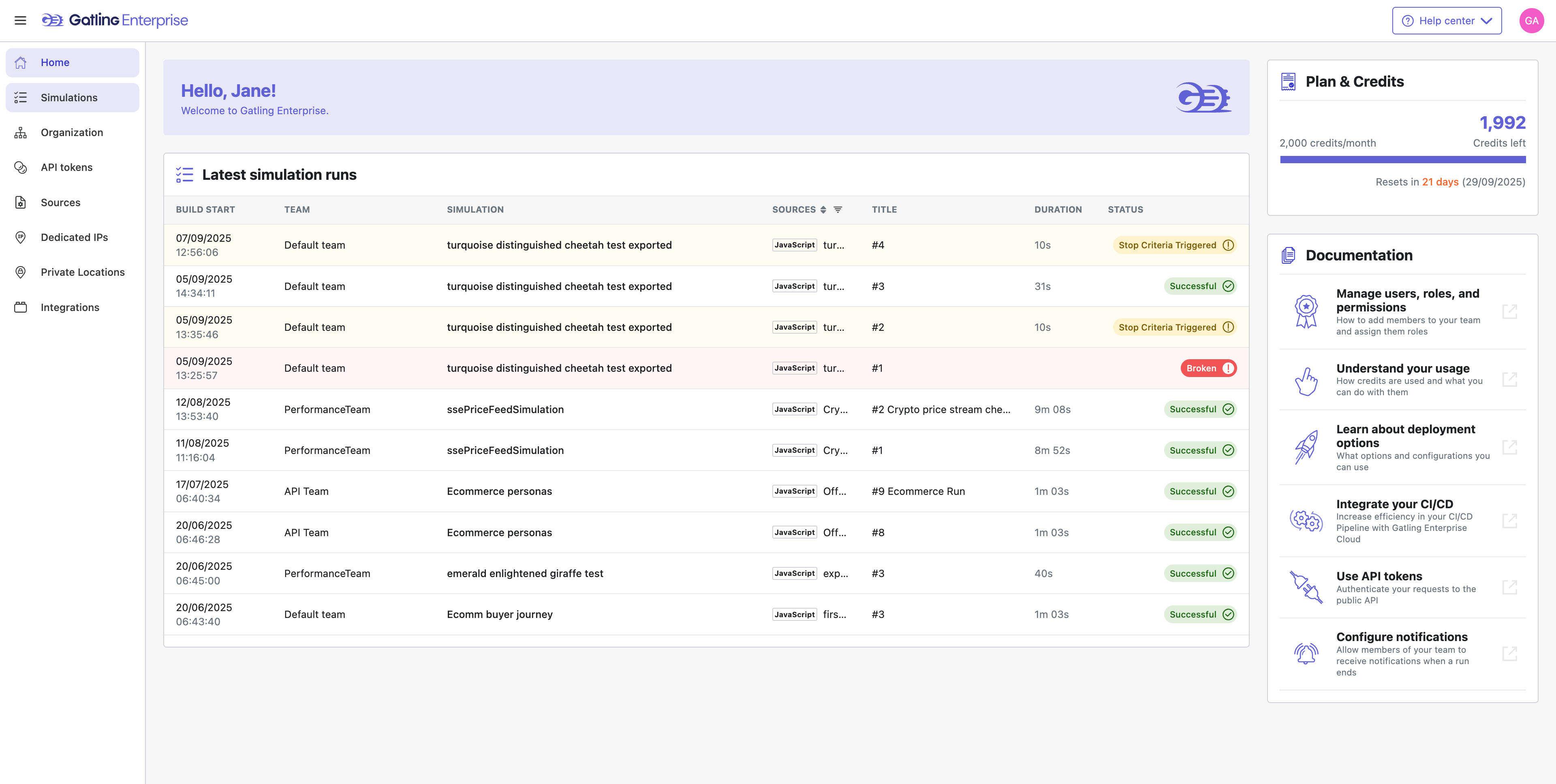 Start by selecting Simulations to view and manage your load tests.