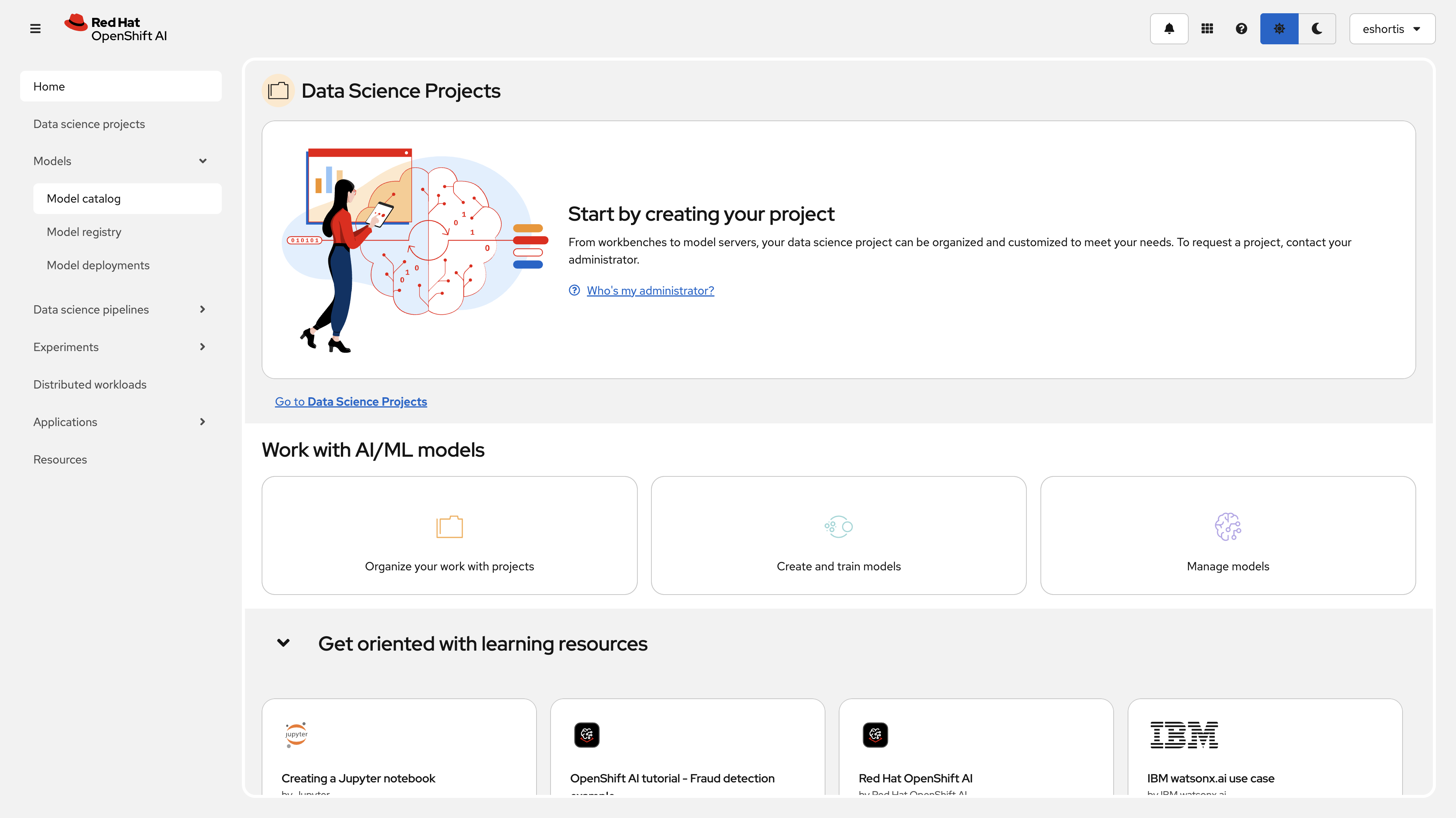 Welcome to the **Red Hat OpenShift AI** home page. AI Engineers can use this UI to get started working with AI/ML models.