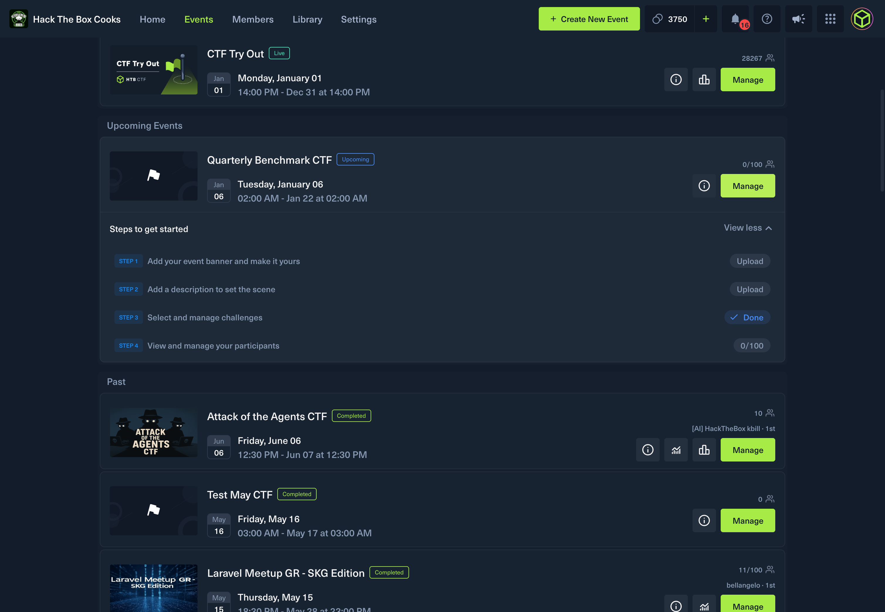 Click **Manage** on your event to access all the tools you need for seamless CTF administration