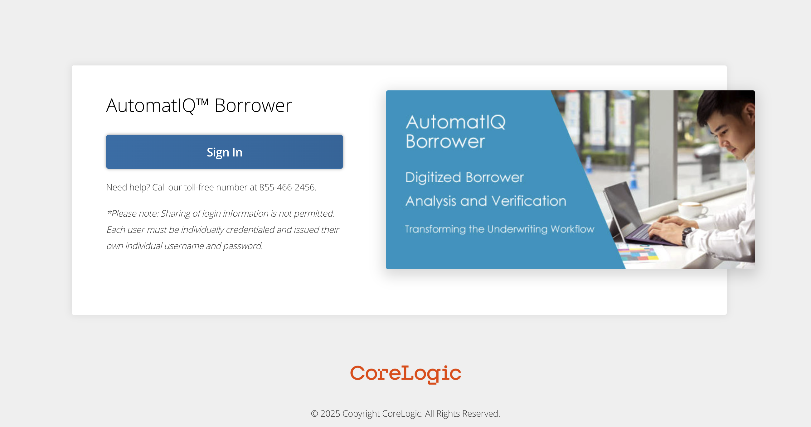 Start by clicking the *Sign In* button to access the AutomatIQ Borrower Portal.