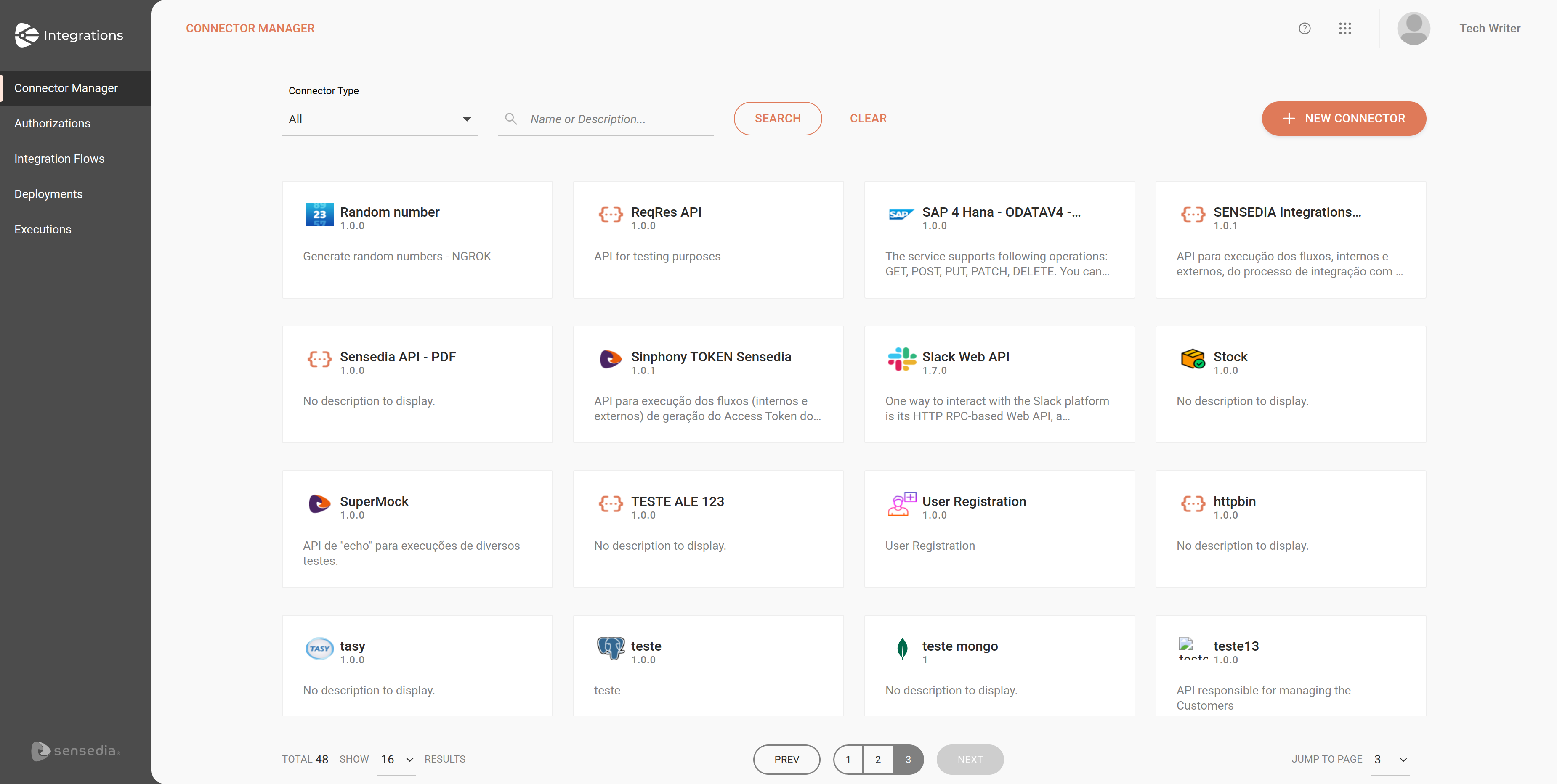 With the Connector Manager, you can manage your connectors and customize integrations by creating tailored technical connectors or REST APIs.

To create new connectors, click the button and select the type of connector you want to configure. All existing connectors are displayed in the cards.