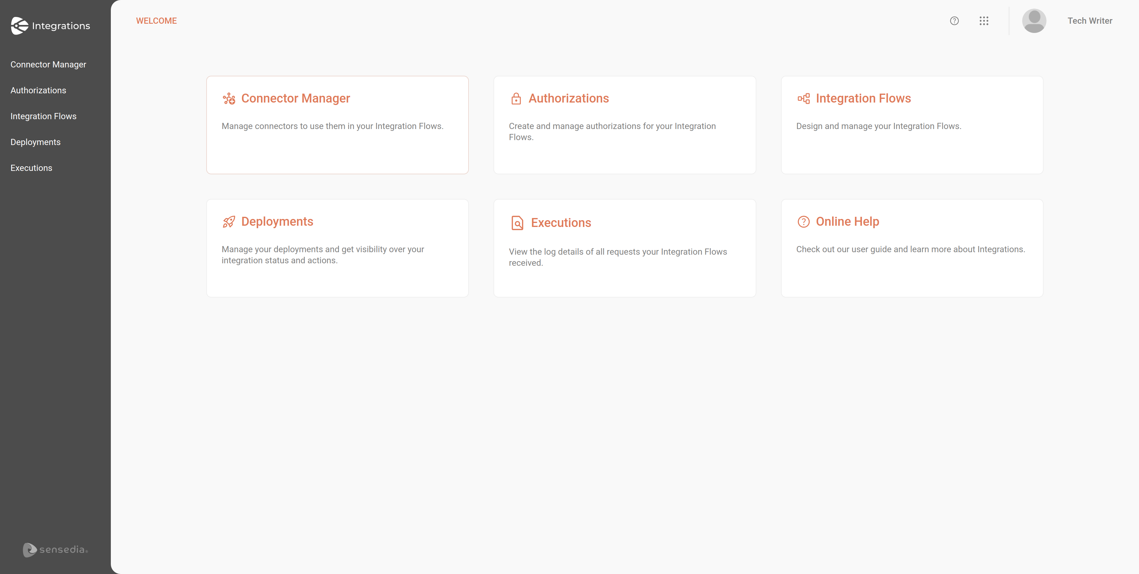 Explore the features of Sensedia Integrations through the cards on the Welcome screen or the left side menu. Discover everything we offer to optimize your integrations!