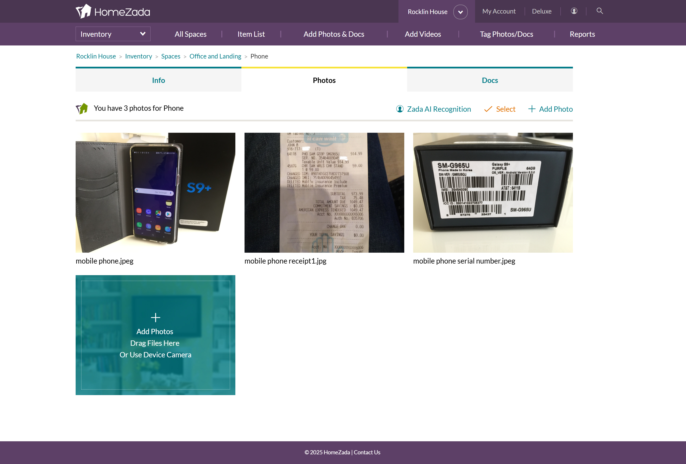 You can have multiple photos of an item and use desktops, tablets and mobile devices to access your HomeZada account.