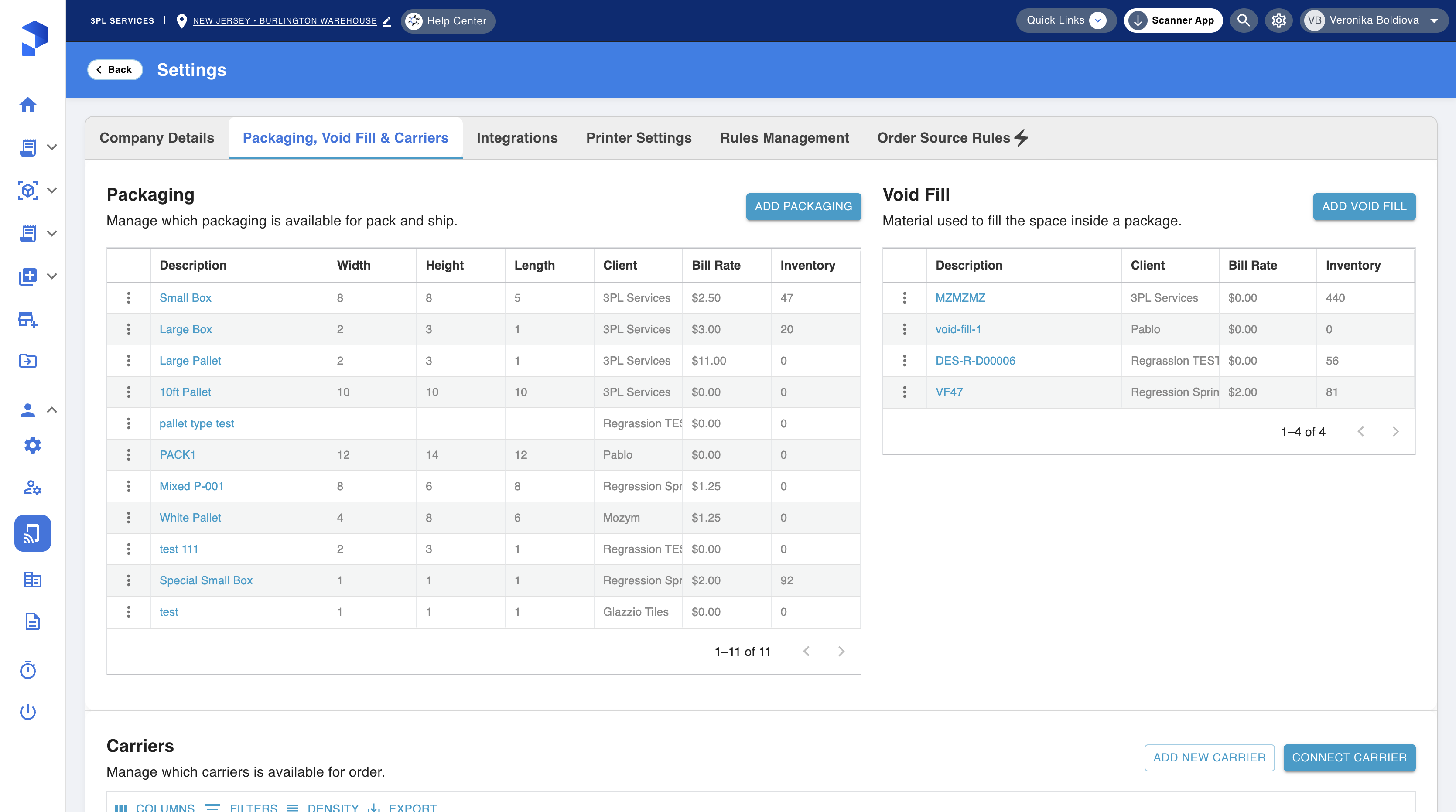 Select Packaging, Void Fill & Carriers tab which is where you'll be managing and configuring available packaging and carriers as well as material used to fill the inside of a package.
