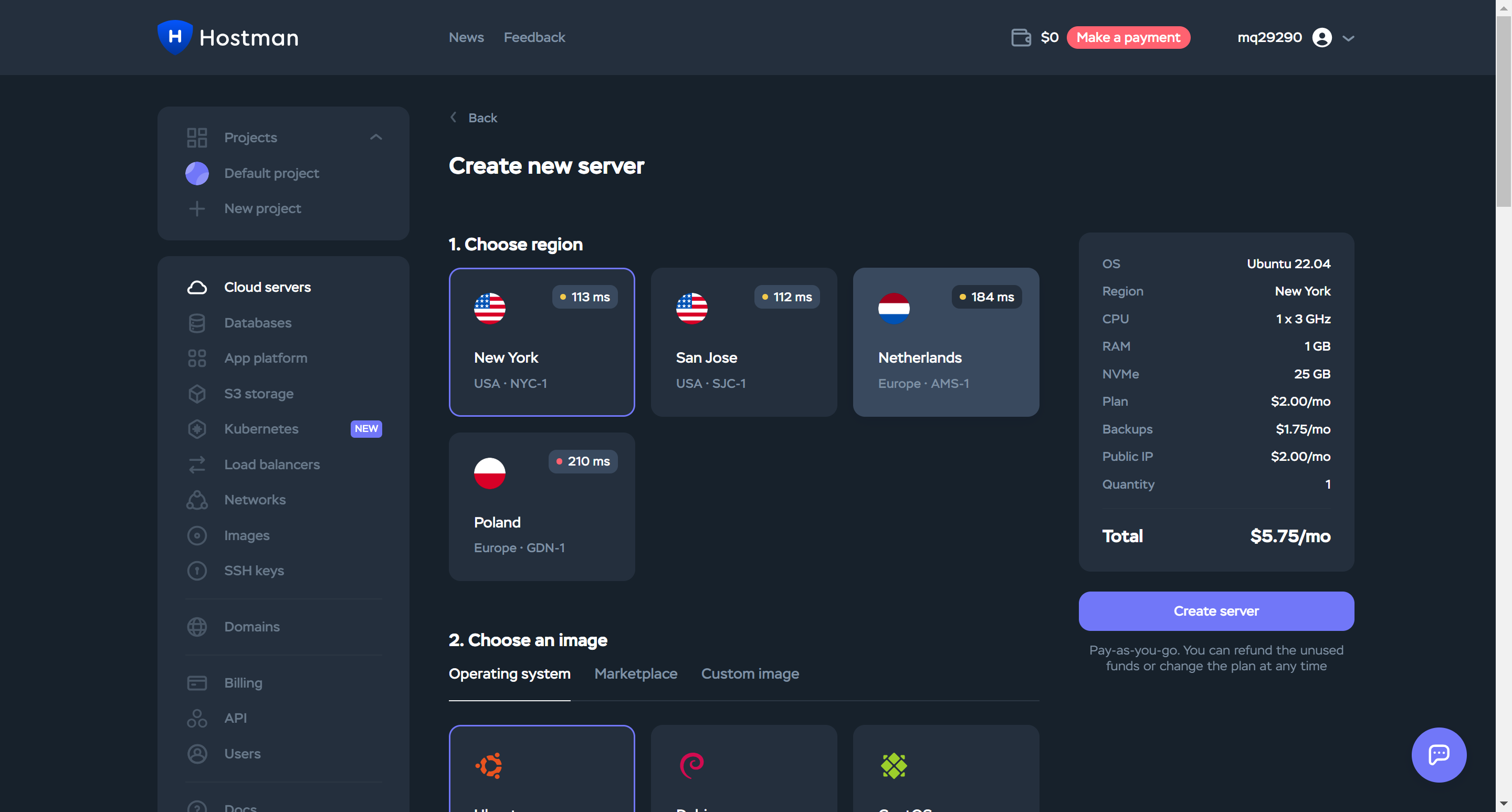 Let's choose a data center. Choose the one that is closer to you, then the connection speed will be higher.
