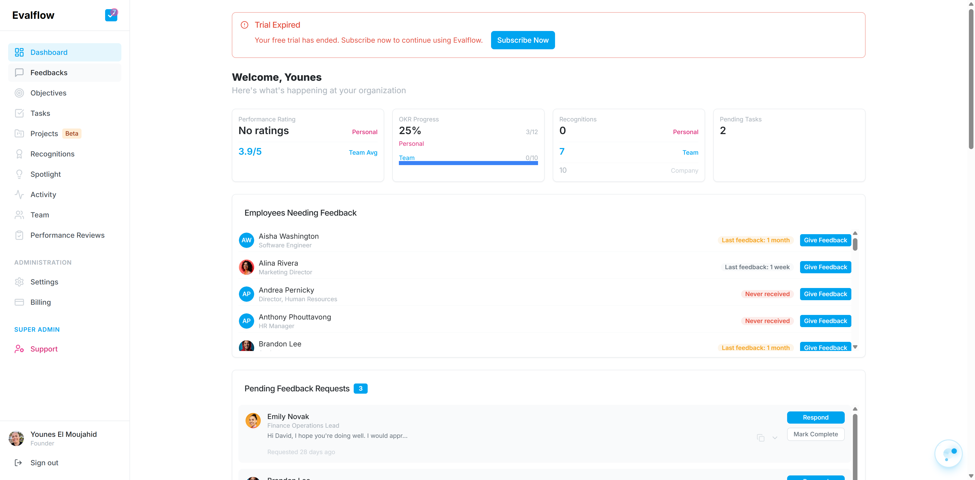 Return to the Dashboard to access an overview of key performance and feedback metrics.