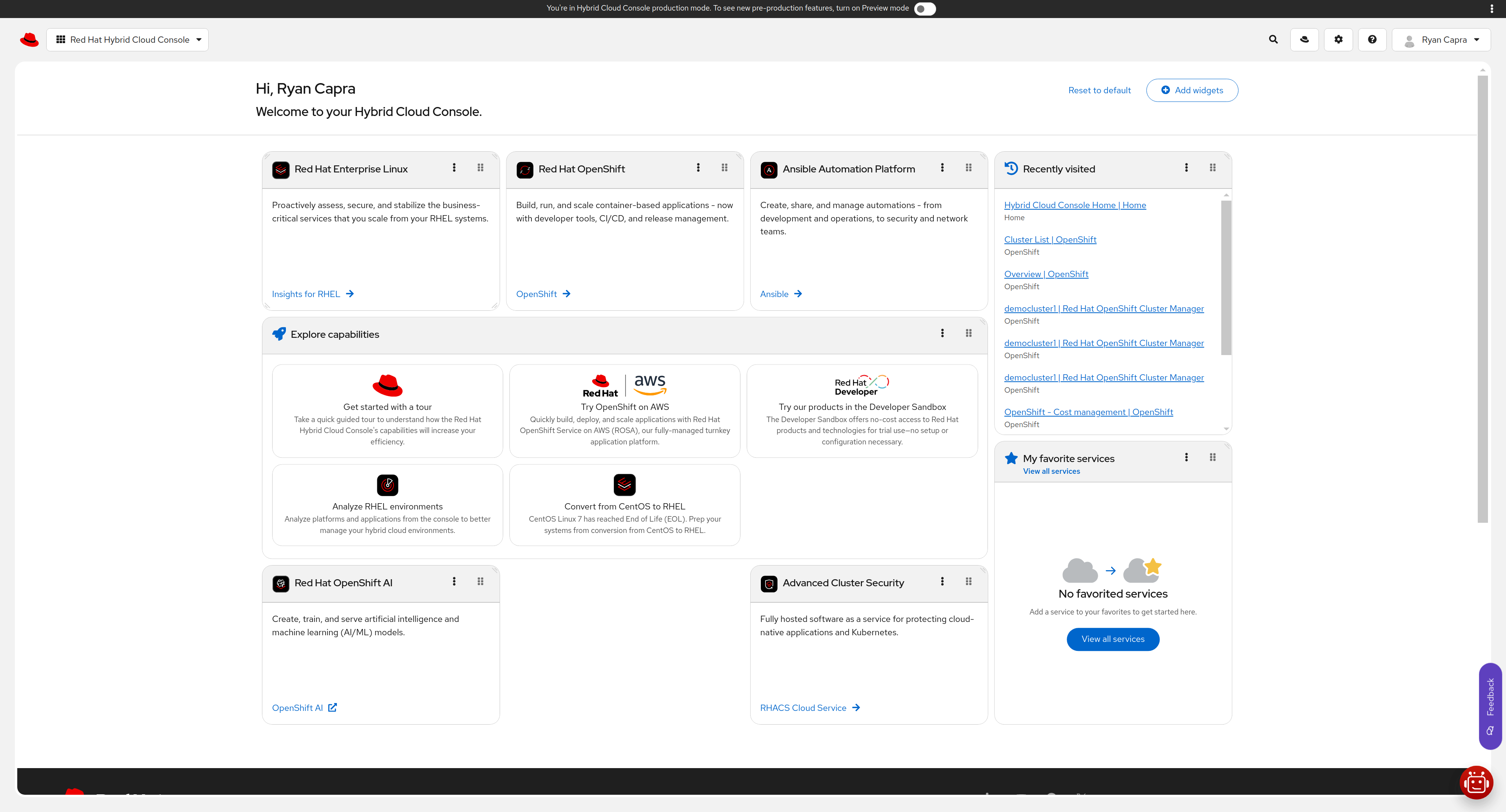 Start by launching the OpenShift dashboard from the Hybrid Cloud Console.