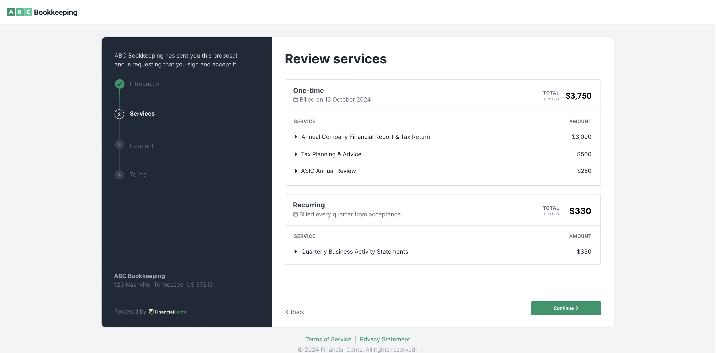 Here your client can easily view the scope of work for each service
