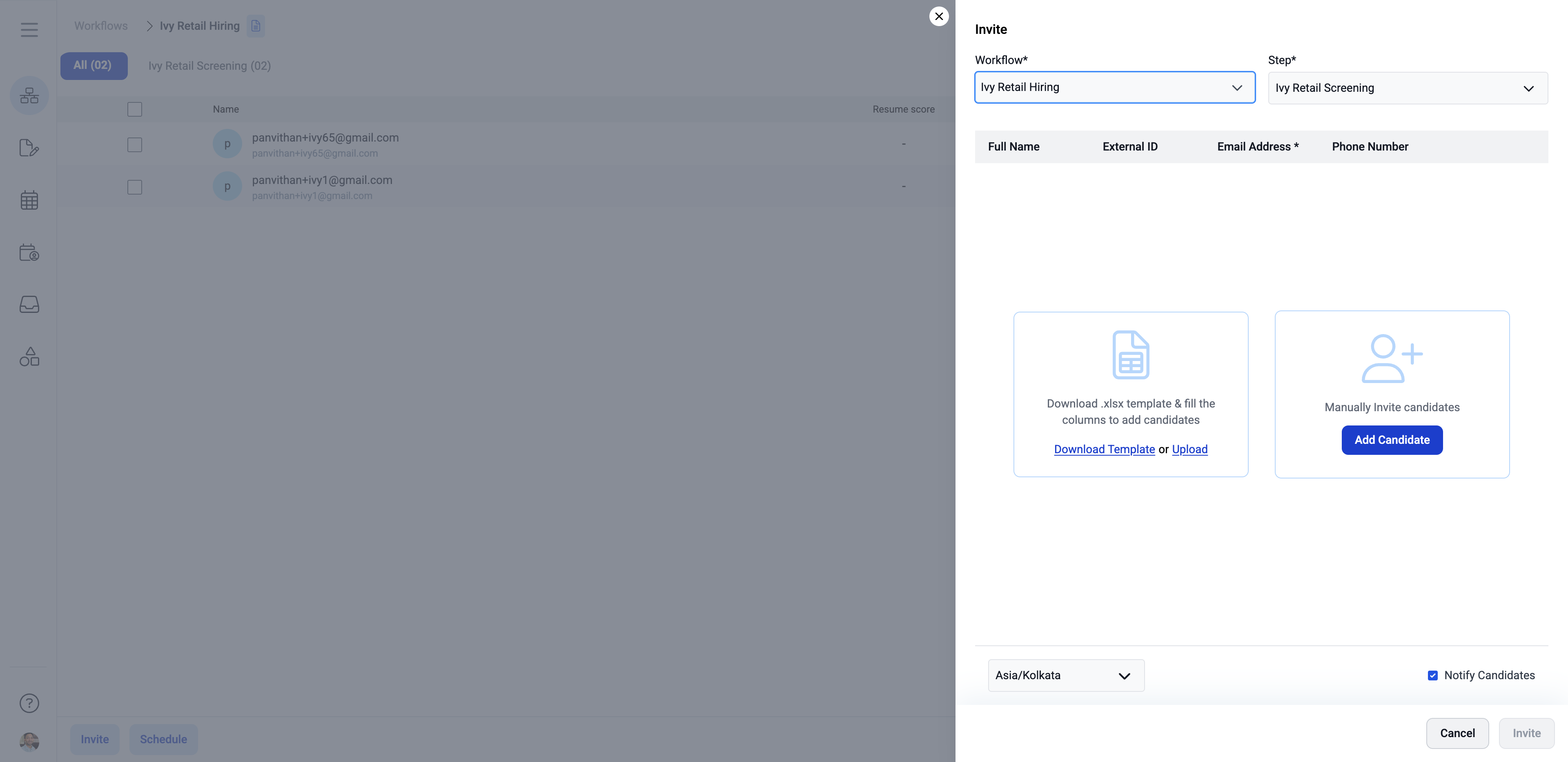 Manually add a candidate by selecting **Add Candidate** in the invite flow.
