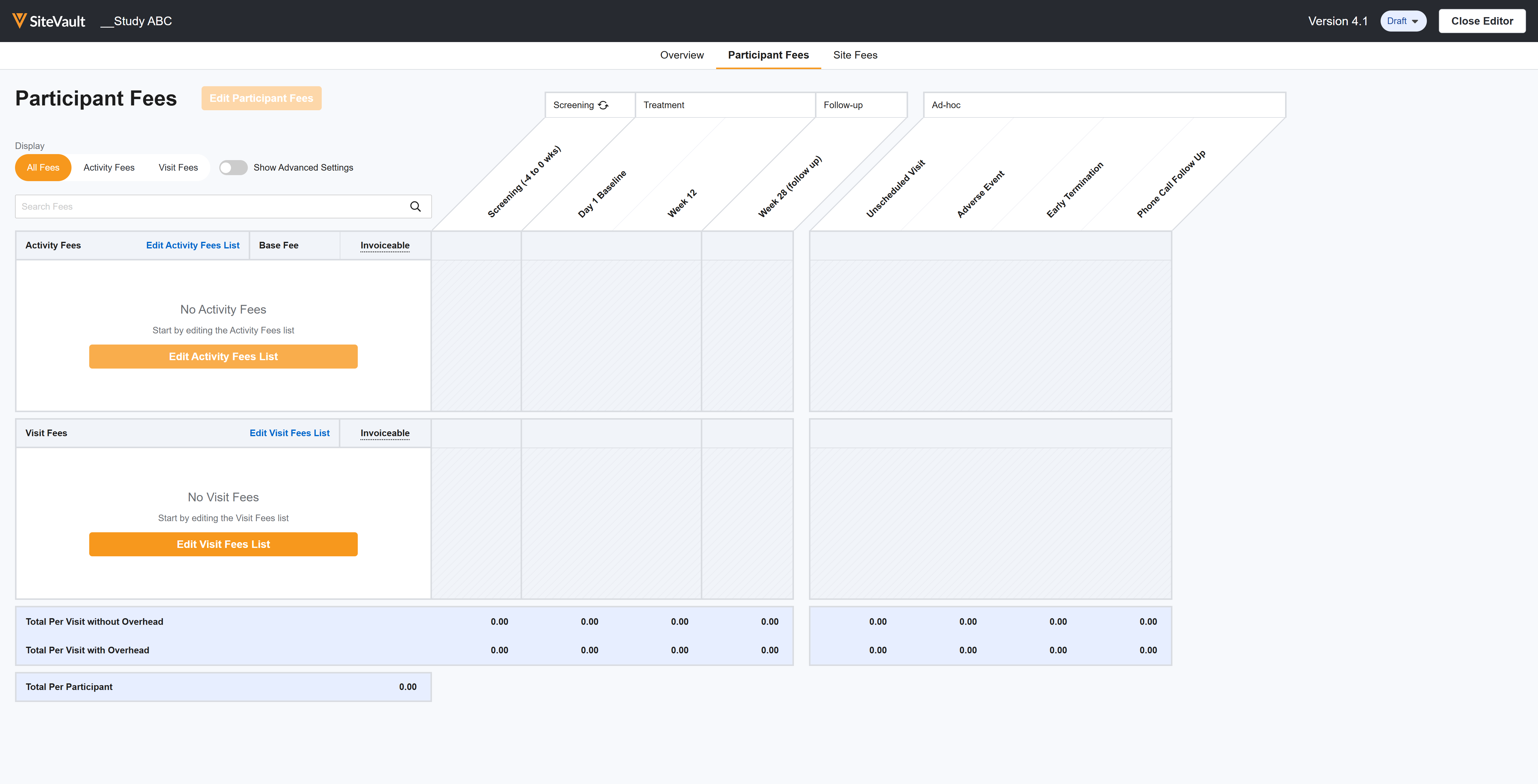 For a budget that requires you to bill on a per activity basis, begin by selecting **Edit Activity Fees List** to add activities from the schedule.