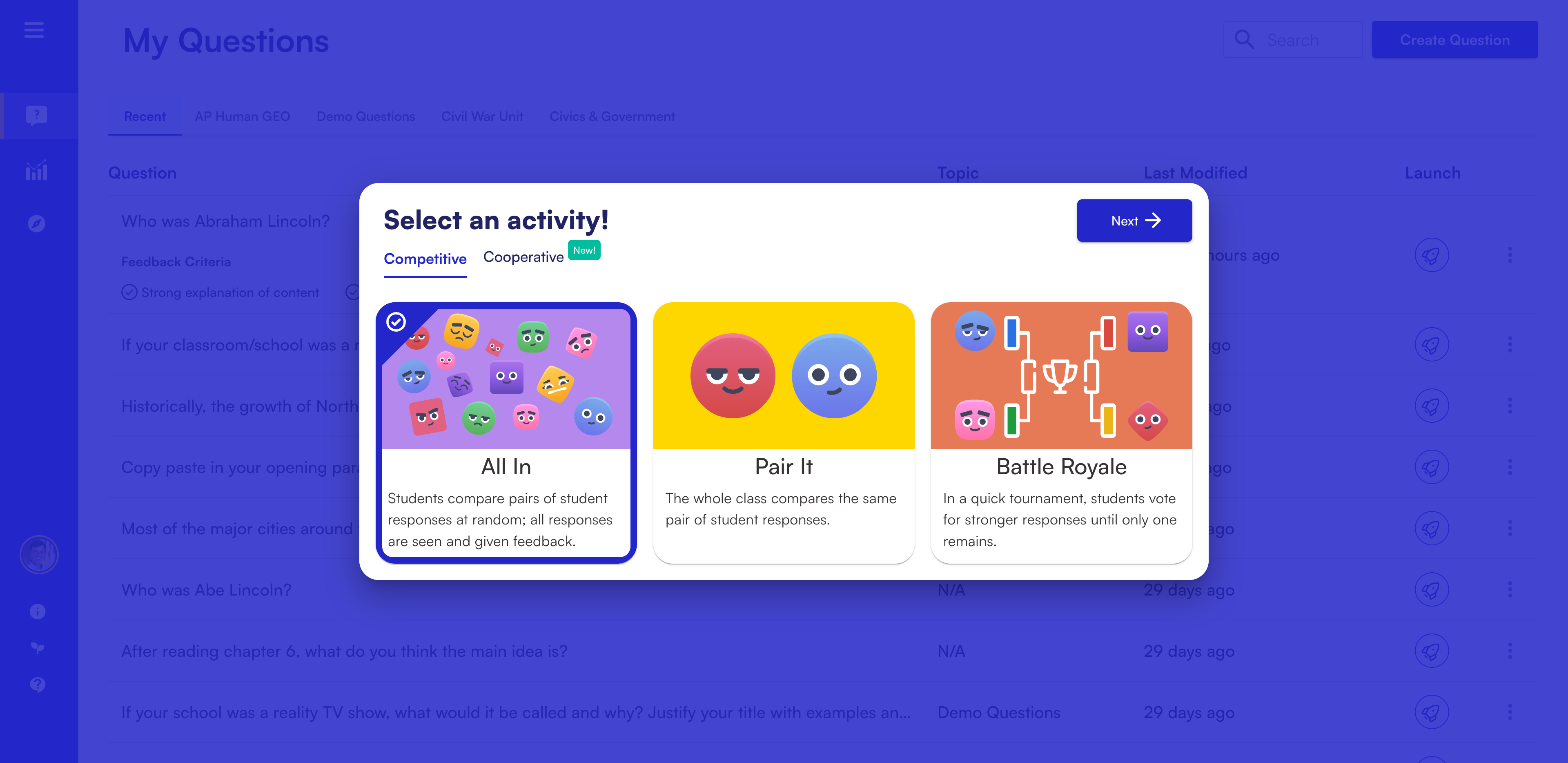 When launching an activity, select the activity type and click **Next** 