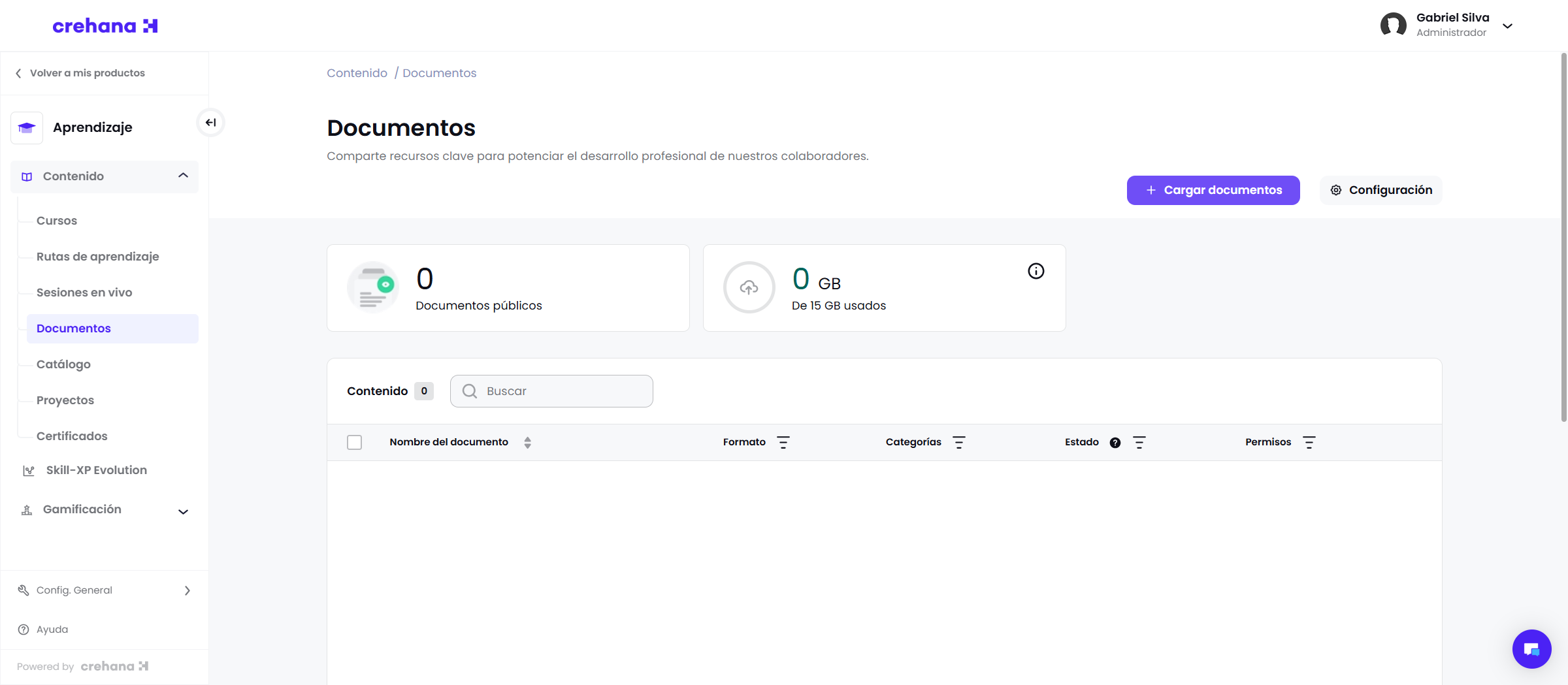 Comience haciendo clic en el botón **Cargar documentos** para agregar nuevos documentos a la plataforma.