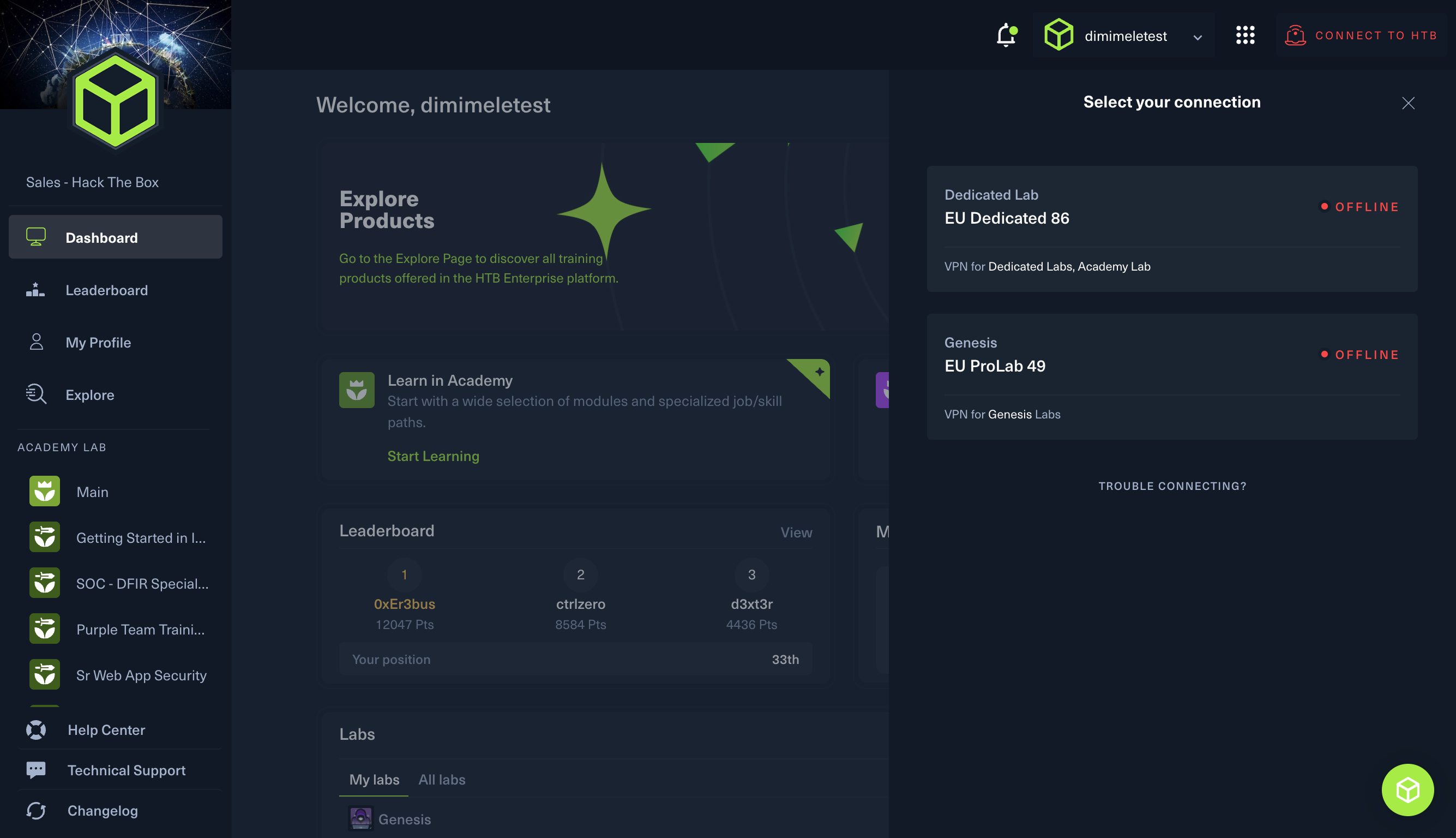 Select the lab you will connect to depending on your exercise