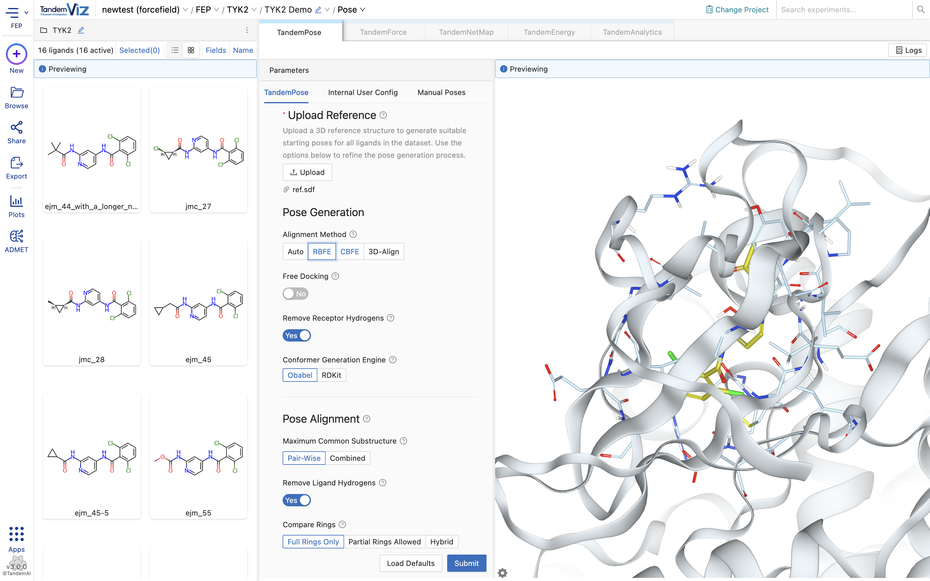 Best suited for congeneric molecules. Will attempt to align molecules based on maximum common substructure shared with the provided reference
