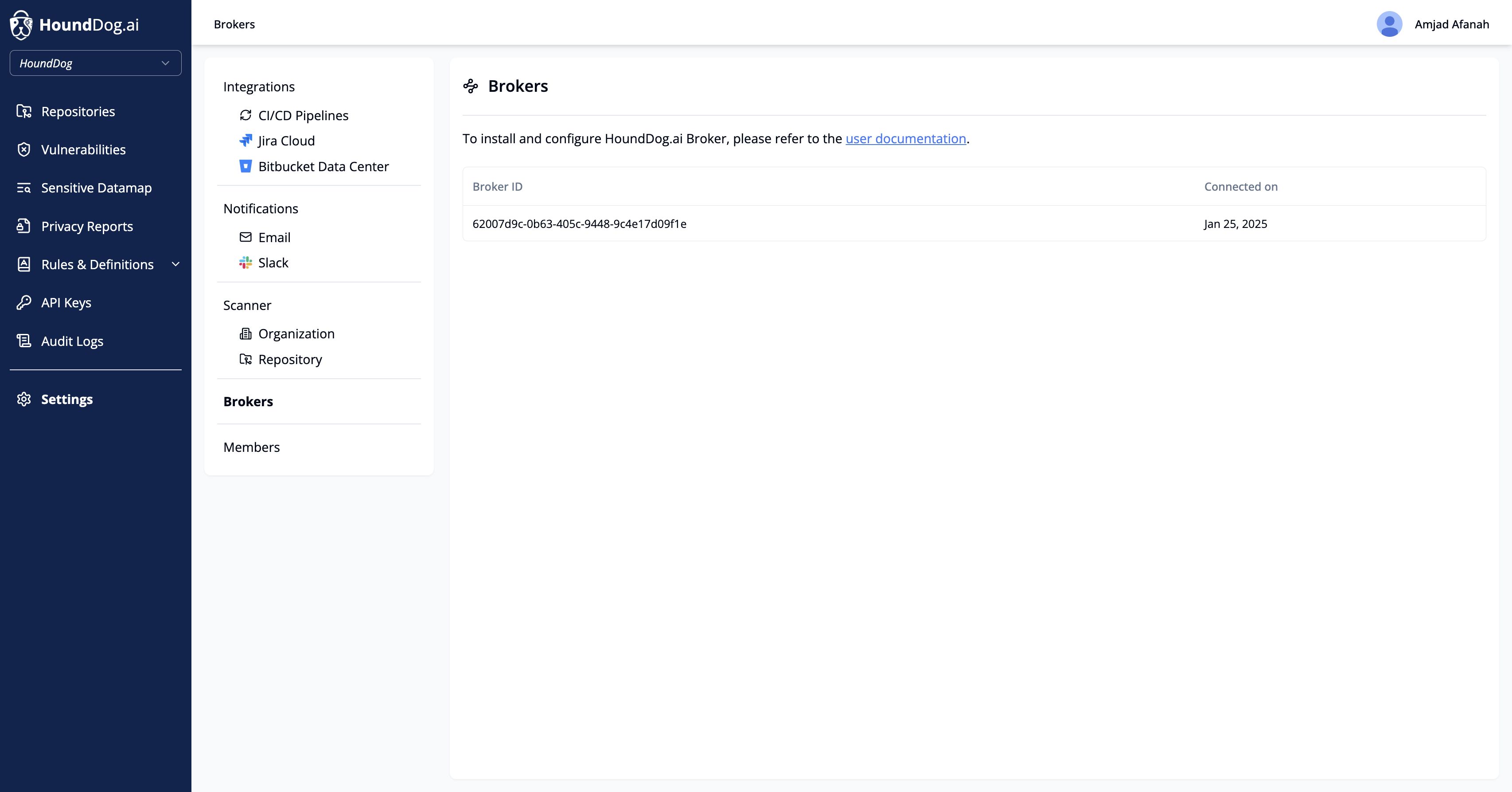After confirming that the HoundDog.ai Broker is connected, go to the Bitbucket Data Center page to start importing code repositories.