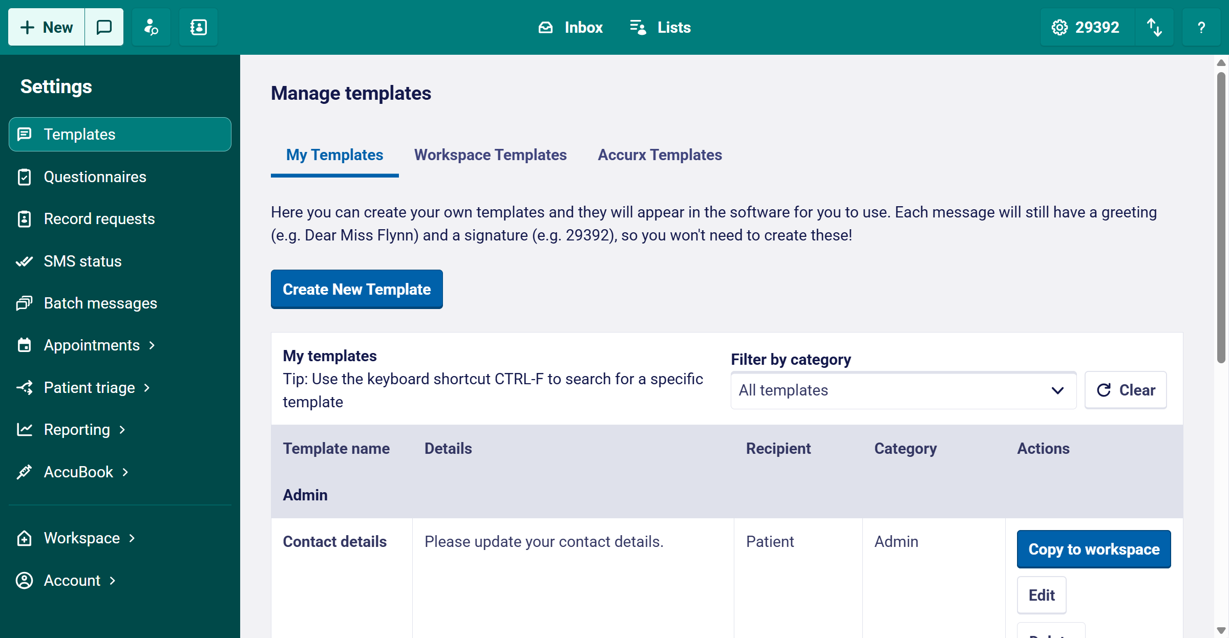 The Manage Templates page opens as the default first page📄